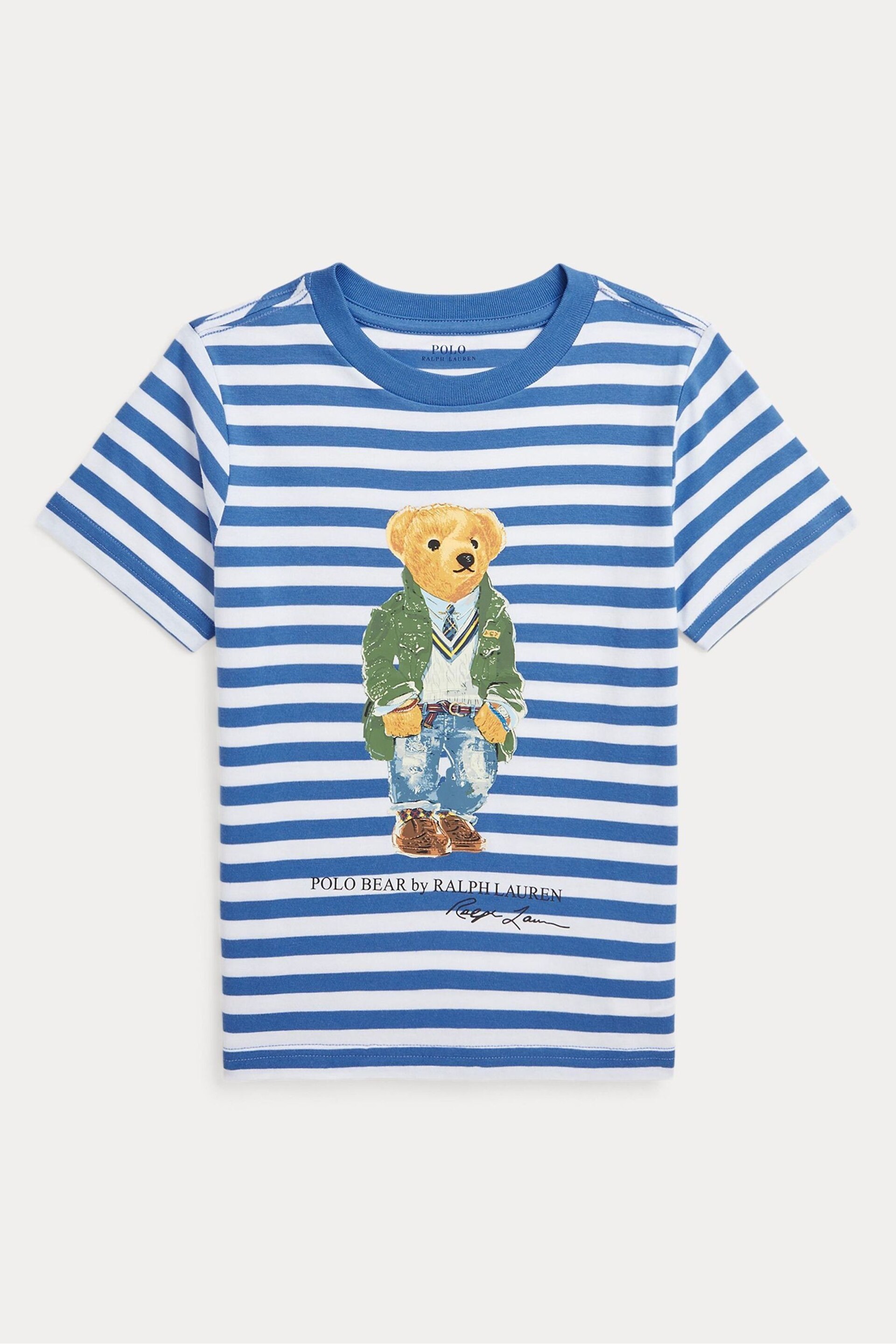 Polo Ralph Lauren Boys Blue Striped Polo Bear Cotton Jersey T-Shirt - Image 1 of 4