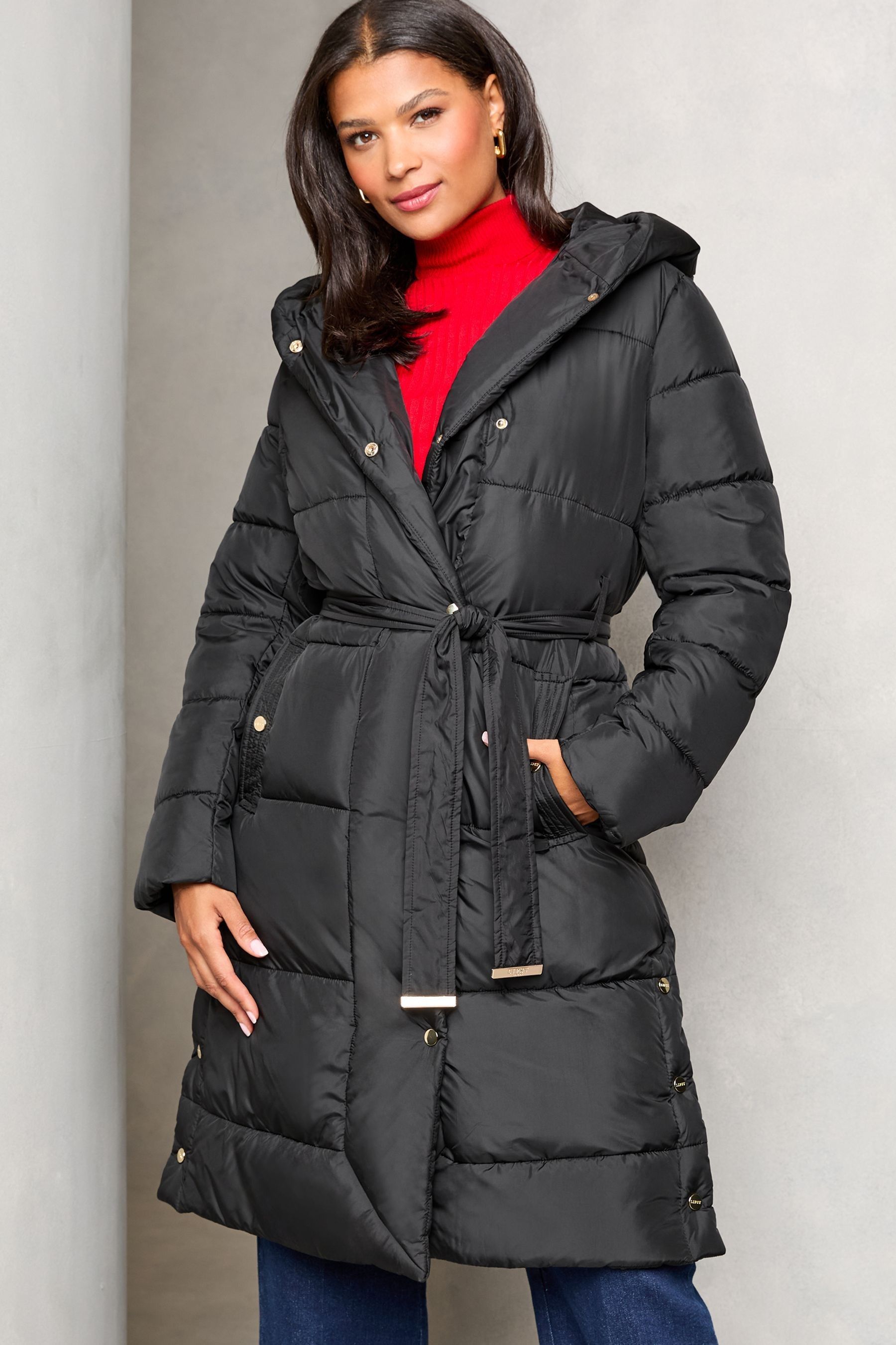 Black luxe belted padded coat discount