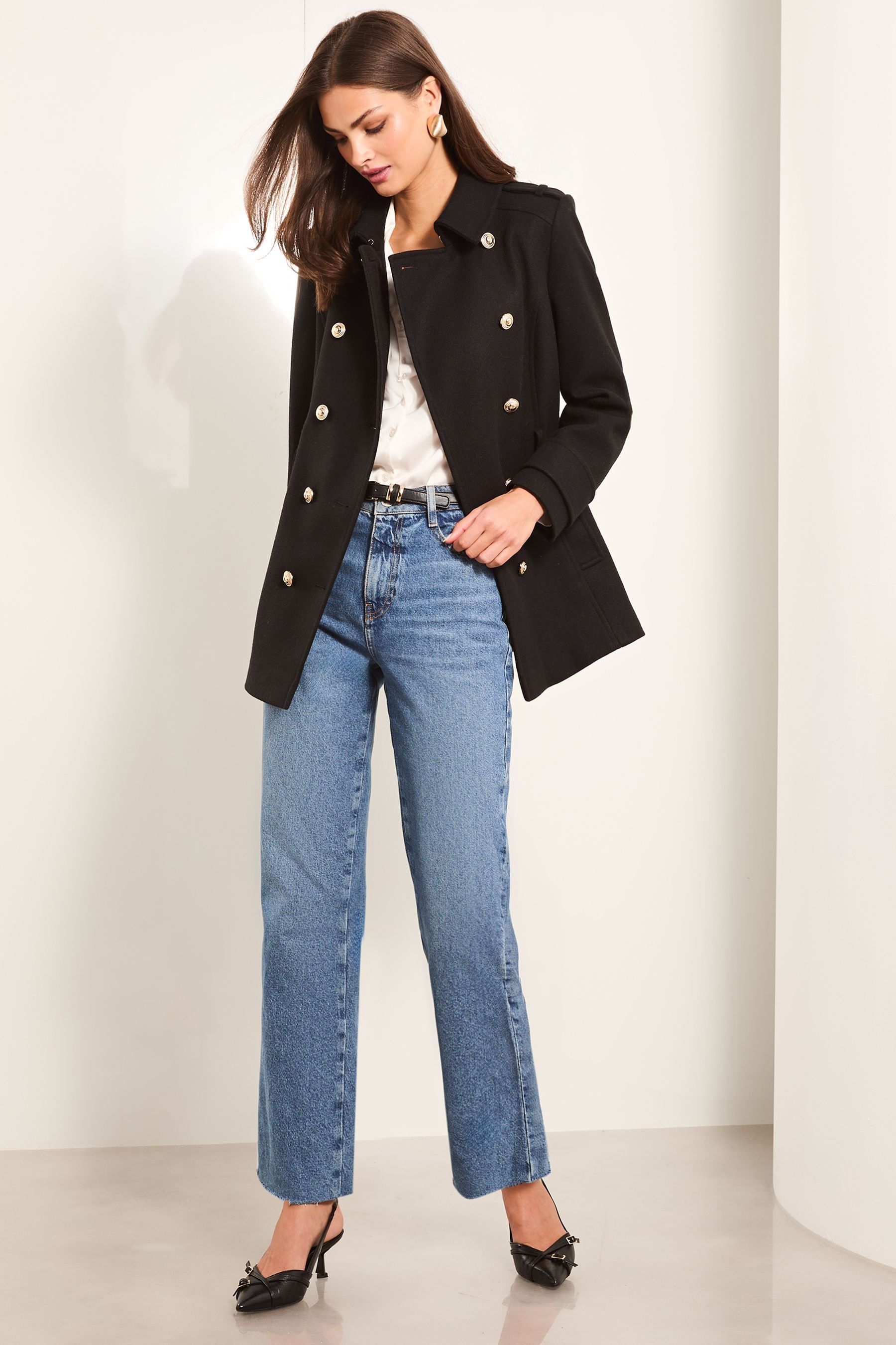 Lipsy Black Short Belted Military Coat With Wool