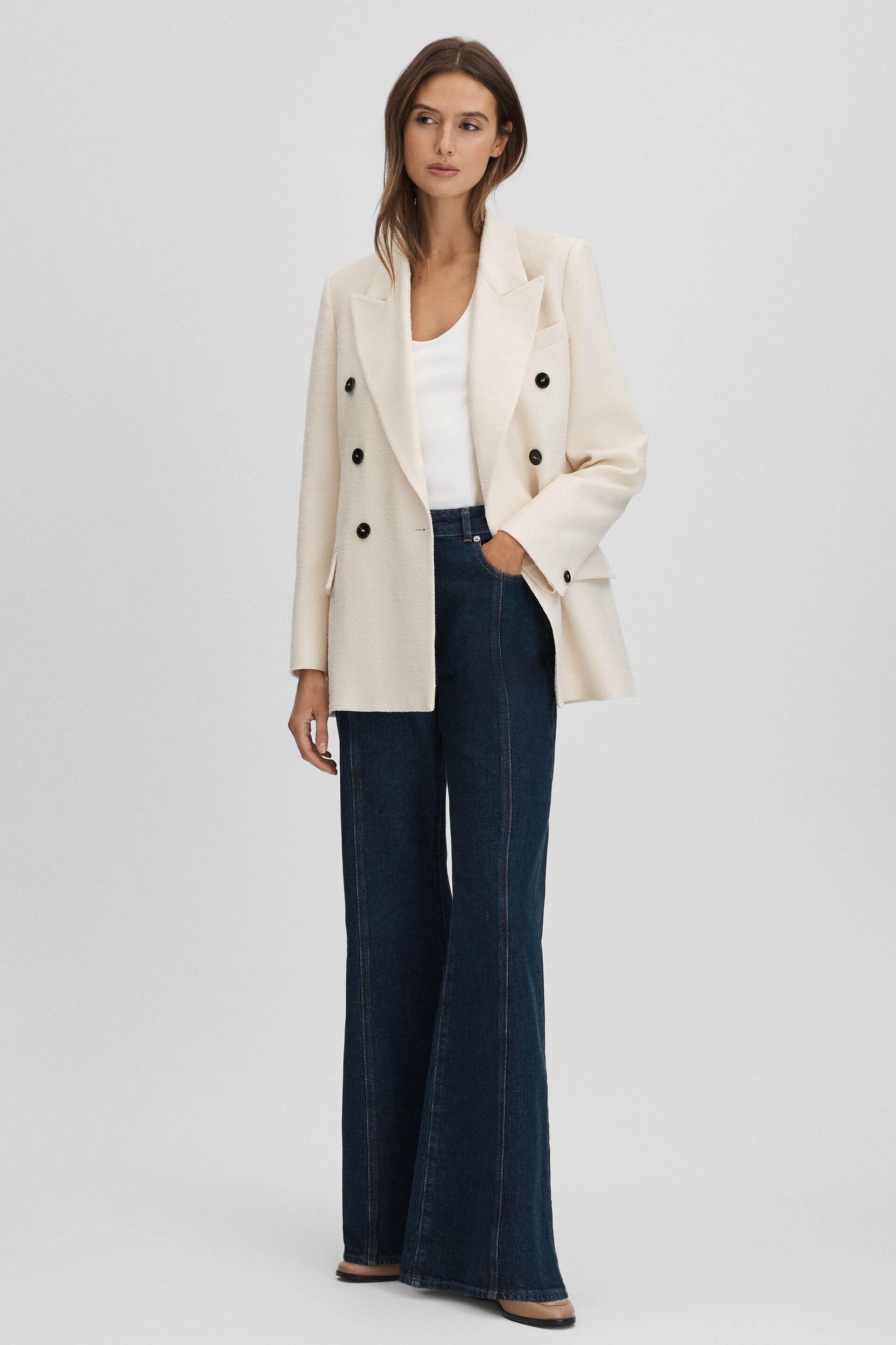 Reiss White Bronte Textured Double Breasted Blazer - Image 1 of 6