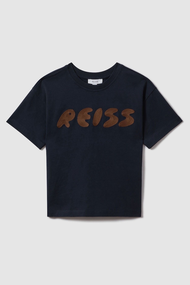 Reiss Navy Sands Teen Cotton Crew Neck Motif T-Shirt - Image 1 of 4