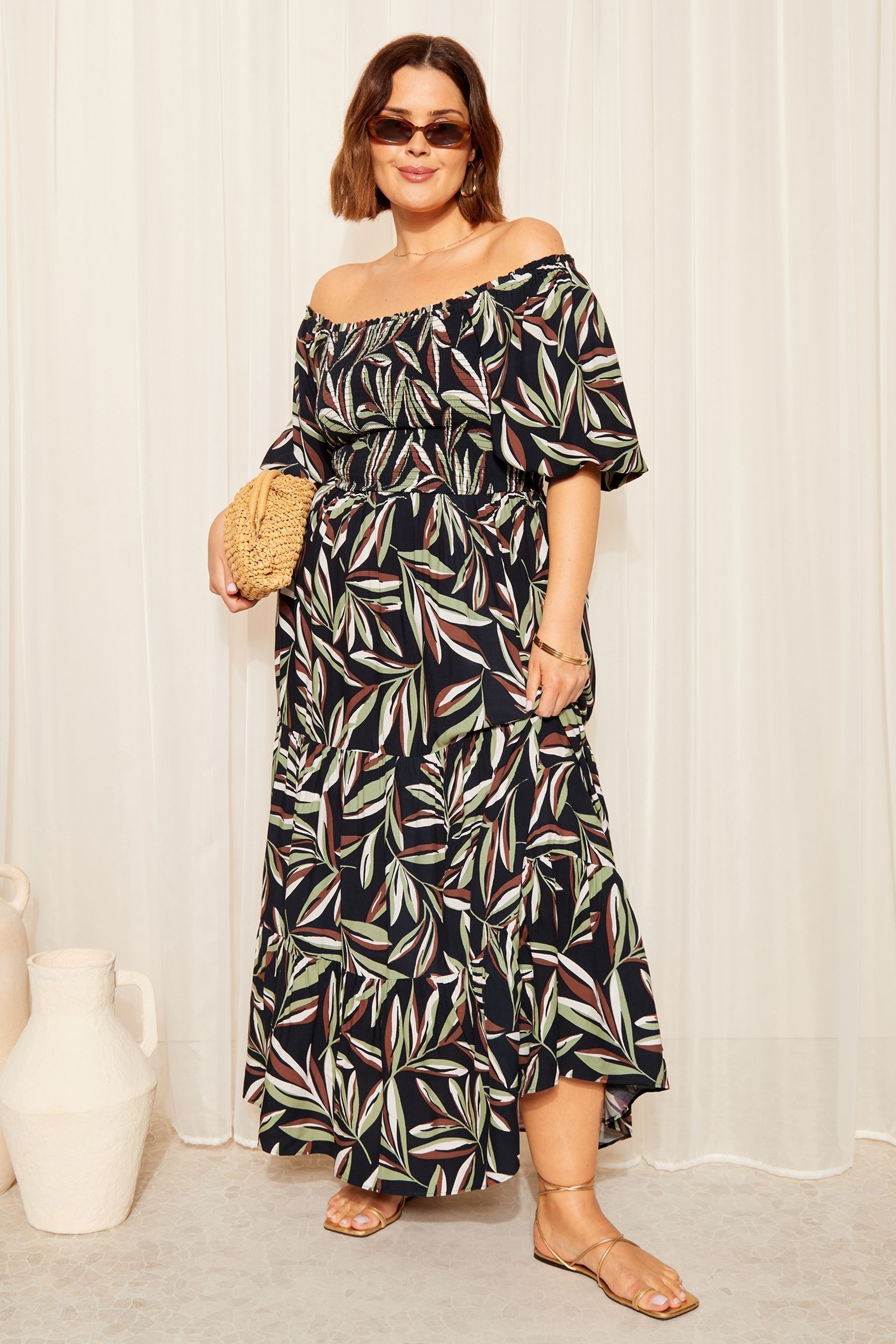 Buy Curves Like These Black Palm Printed Shirred Maxi Dress from Next Luxembourg