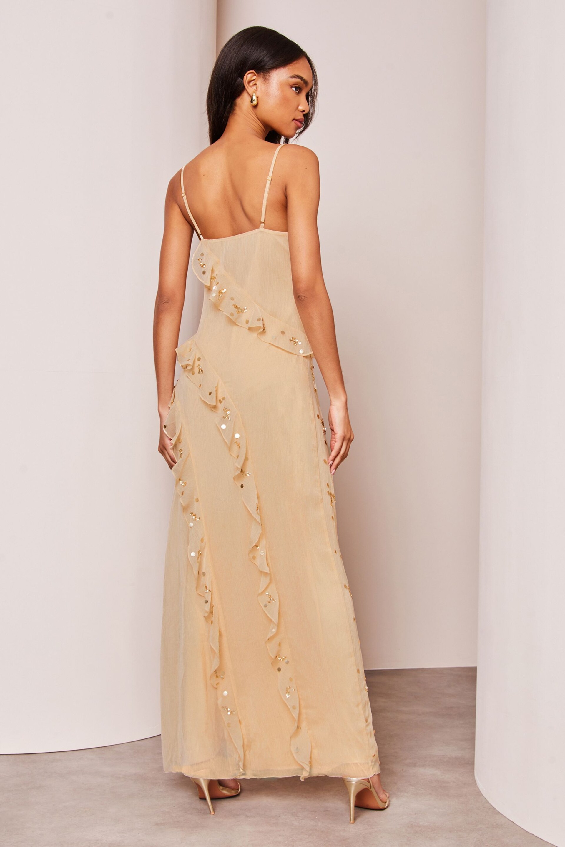 Lipsy Champagne Gold Sequin Ruffle Cami Summer Maxi Dress - Image 2 of 4