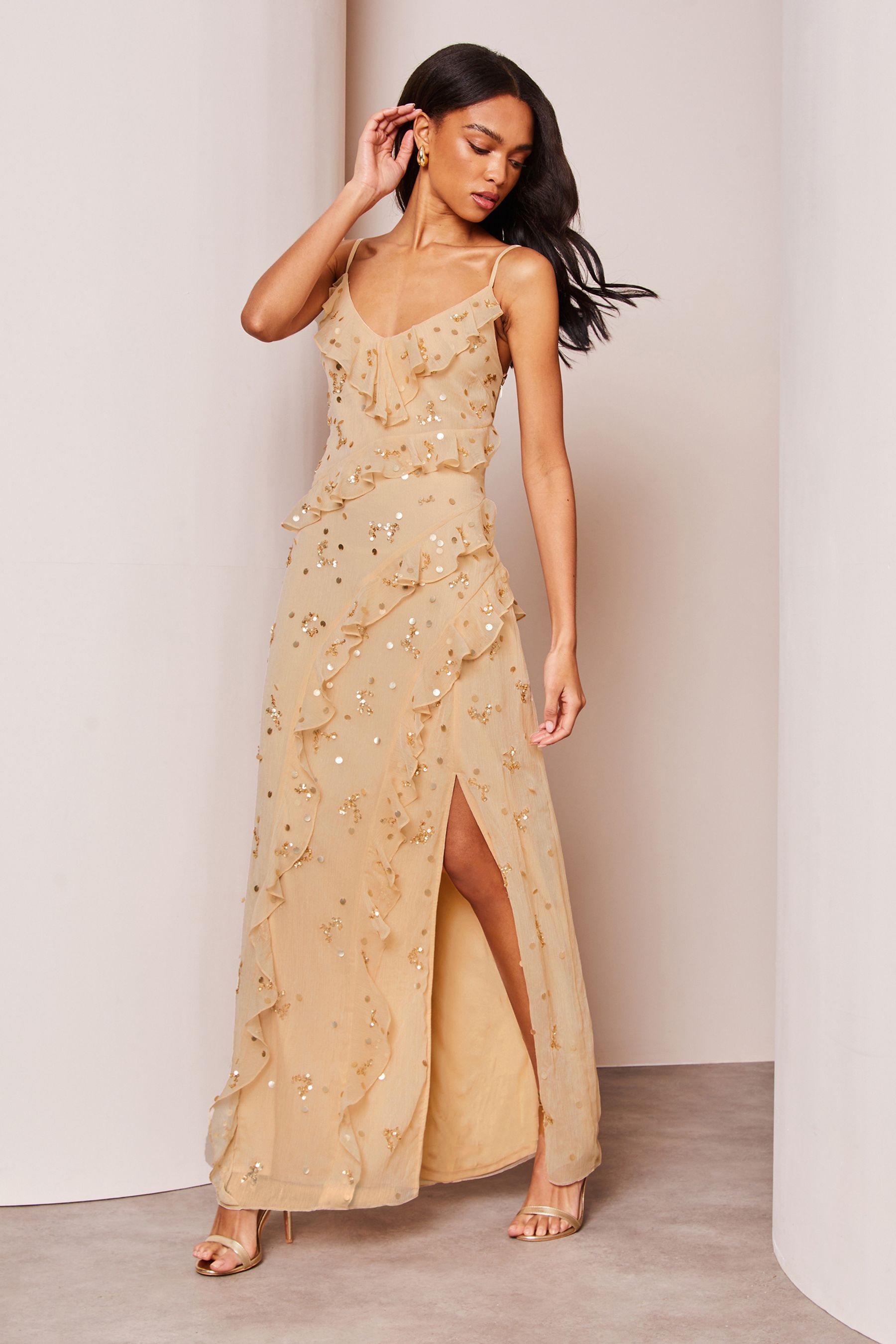 Buy Lipsy Champagne Gold Sequin Ruffle Cami Summer Maxi Dress from Next Luxembourg