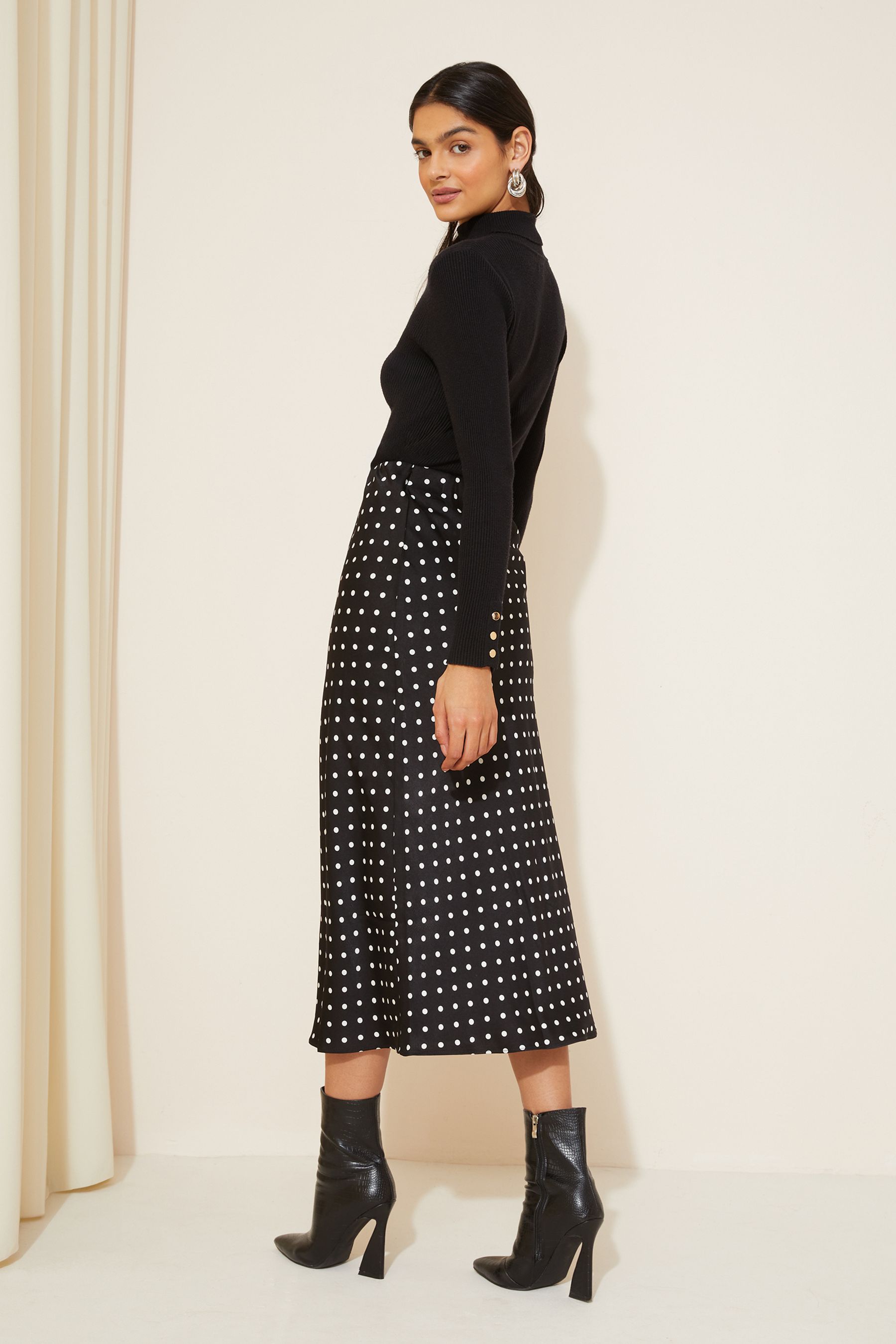 Buy Curves Like These Black Polka Dot Petite Satin Bias Midi Skirt from the Next UK online shop