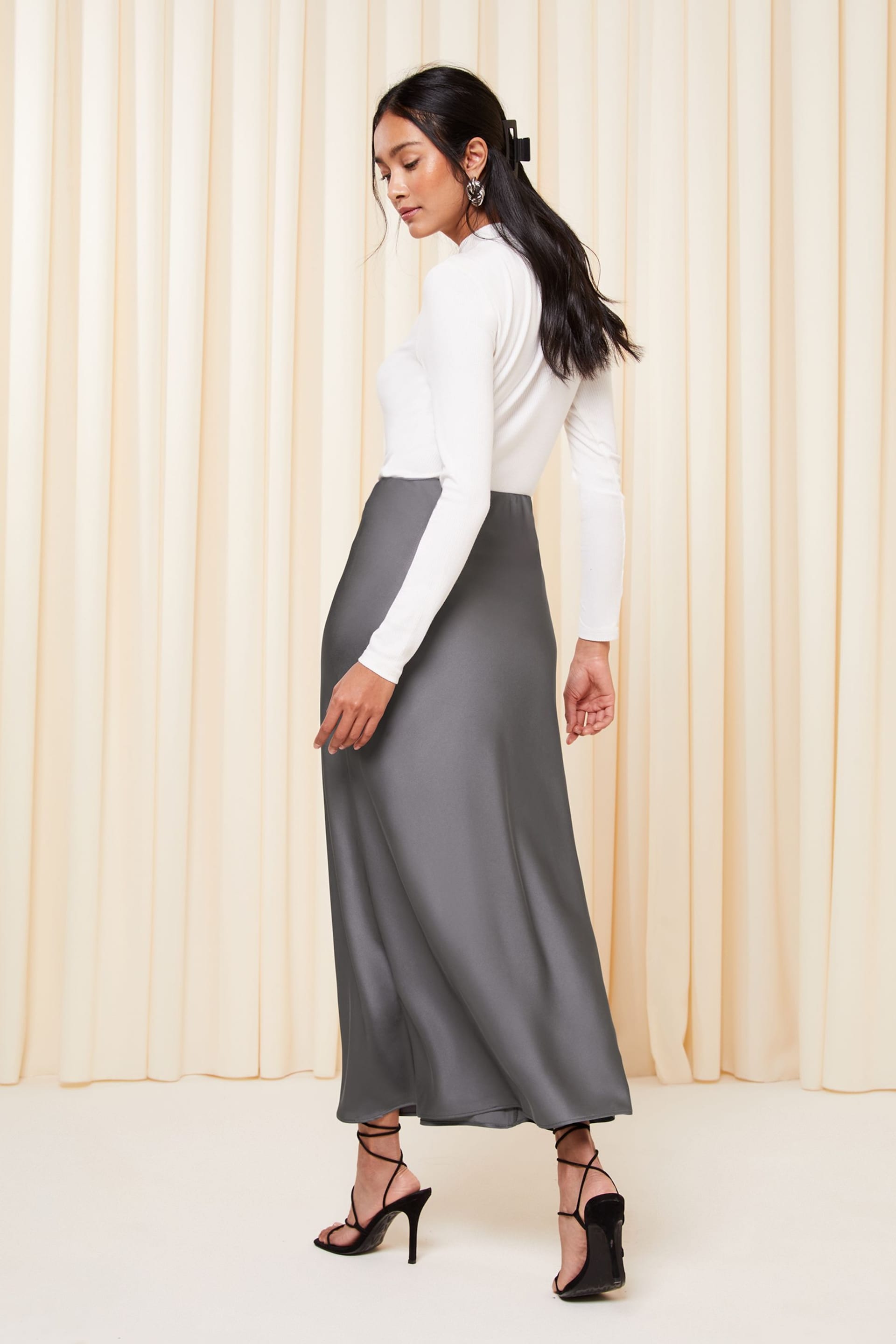 Friends Like These Grey Petite Satin Bias Cut Maxi Skirt - Image 2 of 4