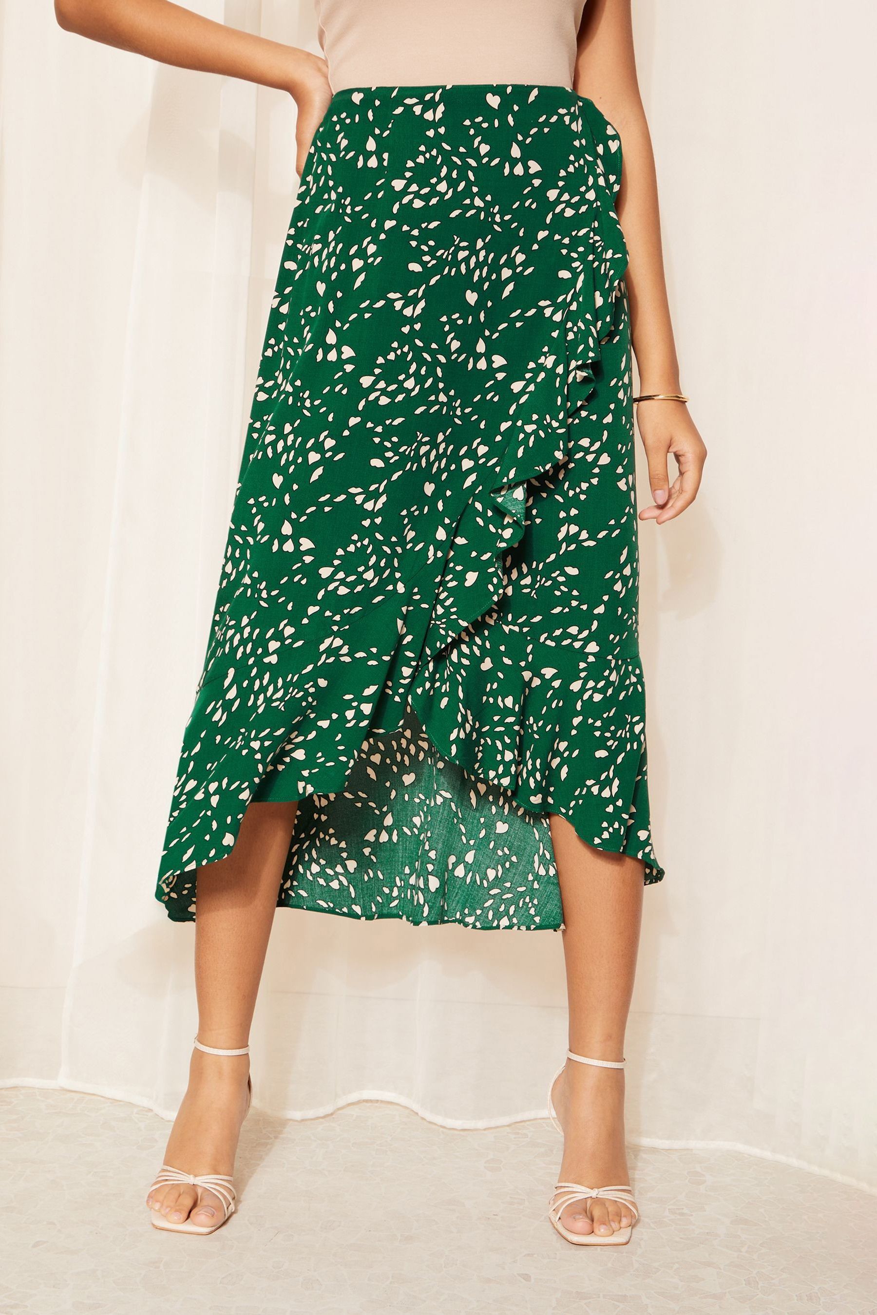 Buy Friends Like These Green Ruffle Front Tie Waist Midi Skirt from Next Luxembourg