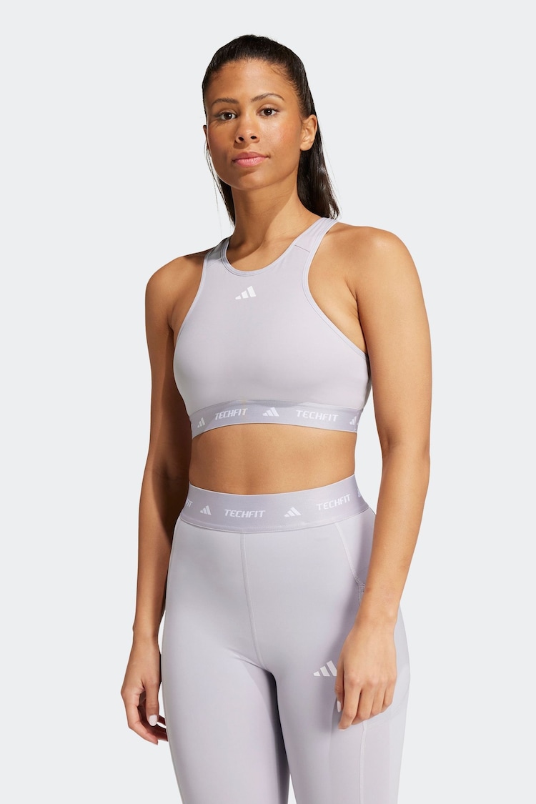 adidas Grey Techfit Power Impact Medium Support Sports Bra - Image 1 of 8