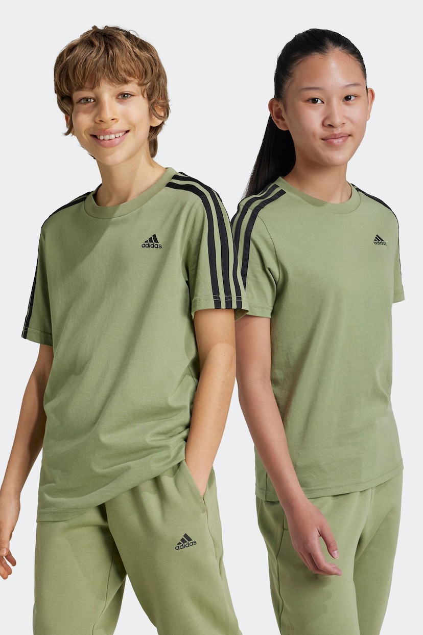 adidas Sage Green Essentials 3-Stripes Cotton T-Shirt - Image 1 of 1
