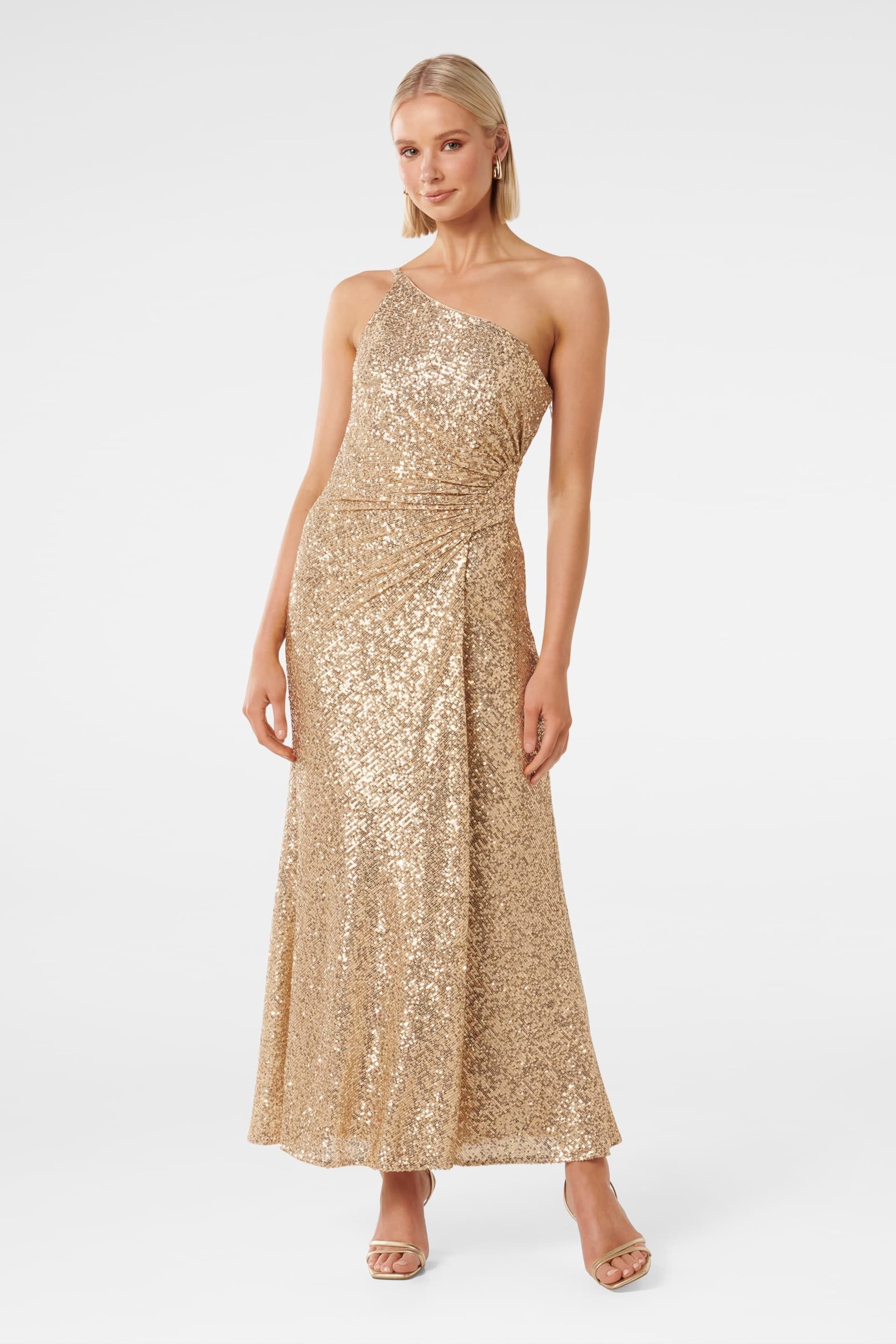 Forever New Gold Carolyn Sequin Asymmetrical Gown - Image 1 of 4