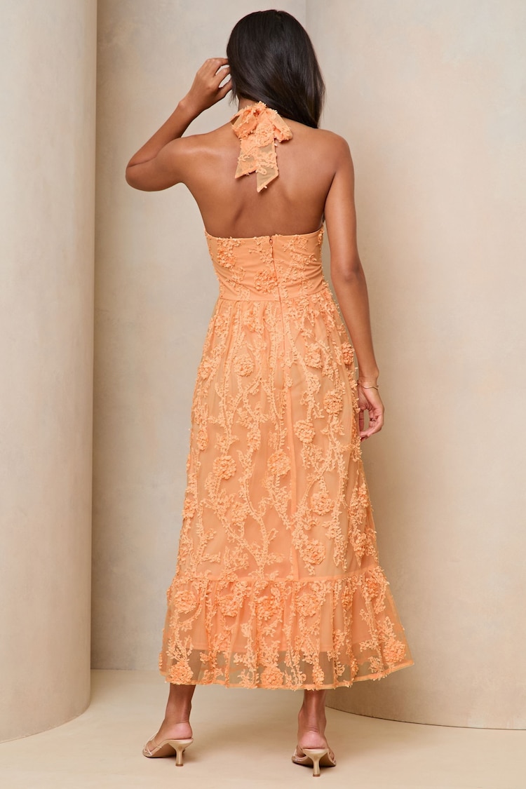 Lipsy Coral Orange Premium 3D Floral Lace Halter Neck Midi Dress - Image 2 of 4