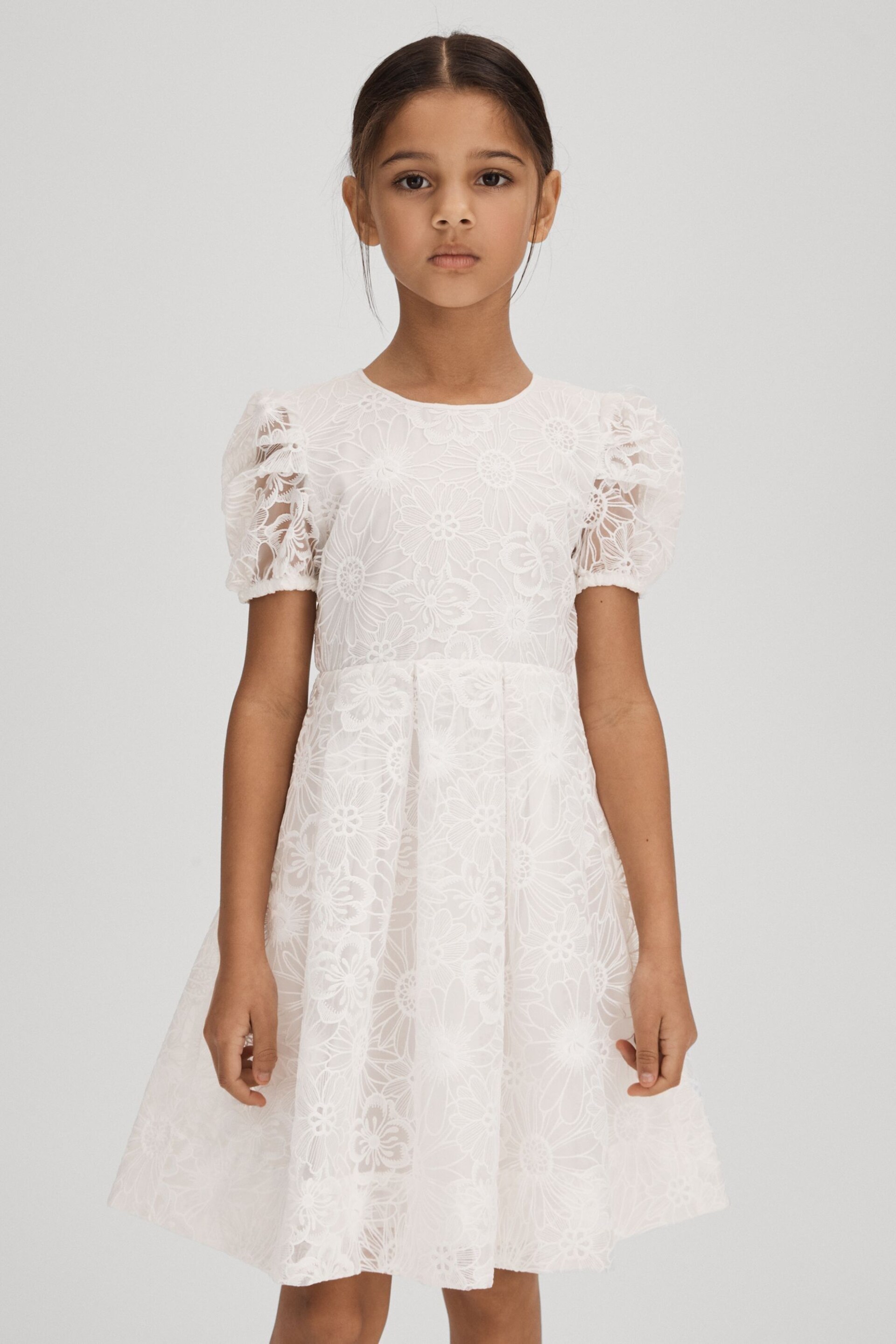 Reiss Ivory Emelie Teen Lace Puff Sleeve Dress - Image 2 of 6