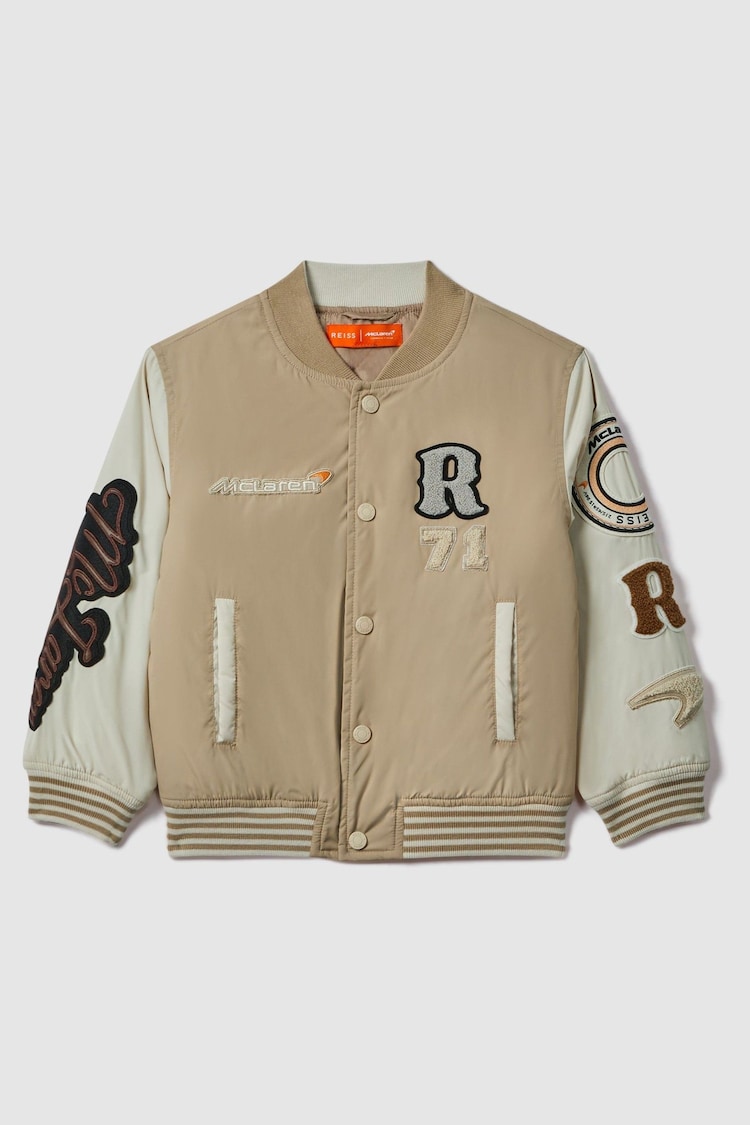 Reiss x McLaren F1 Team Taupe/Ecru Senior McLaren F1 Patch Varsity Bomber Jacket - Image 2 of 12