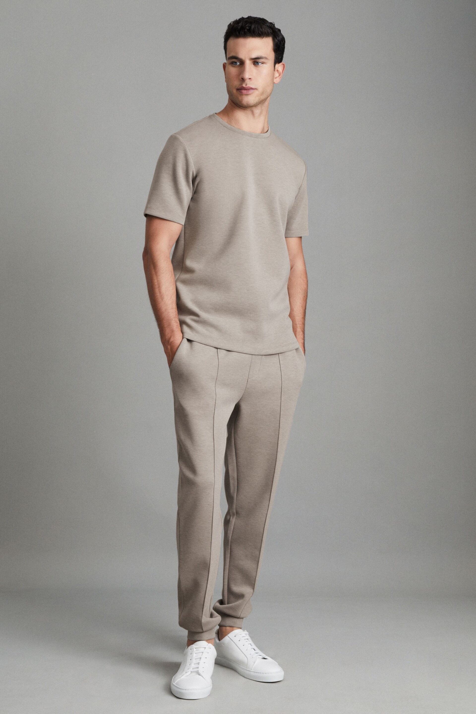 Reiss Taupe Bradley Interlock Jersey Crew Neck T-Shirt - Image 3 of 6