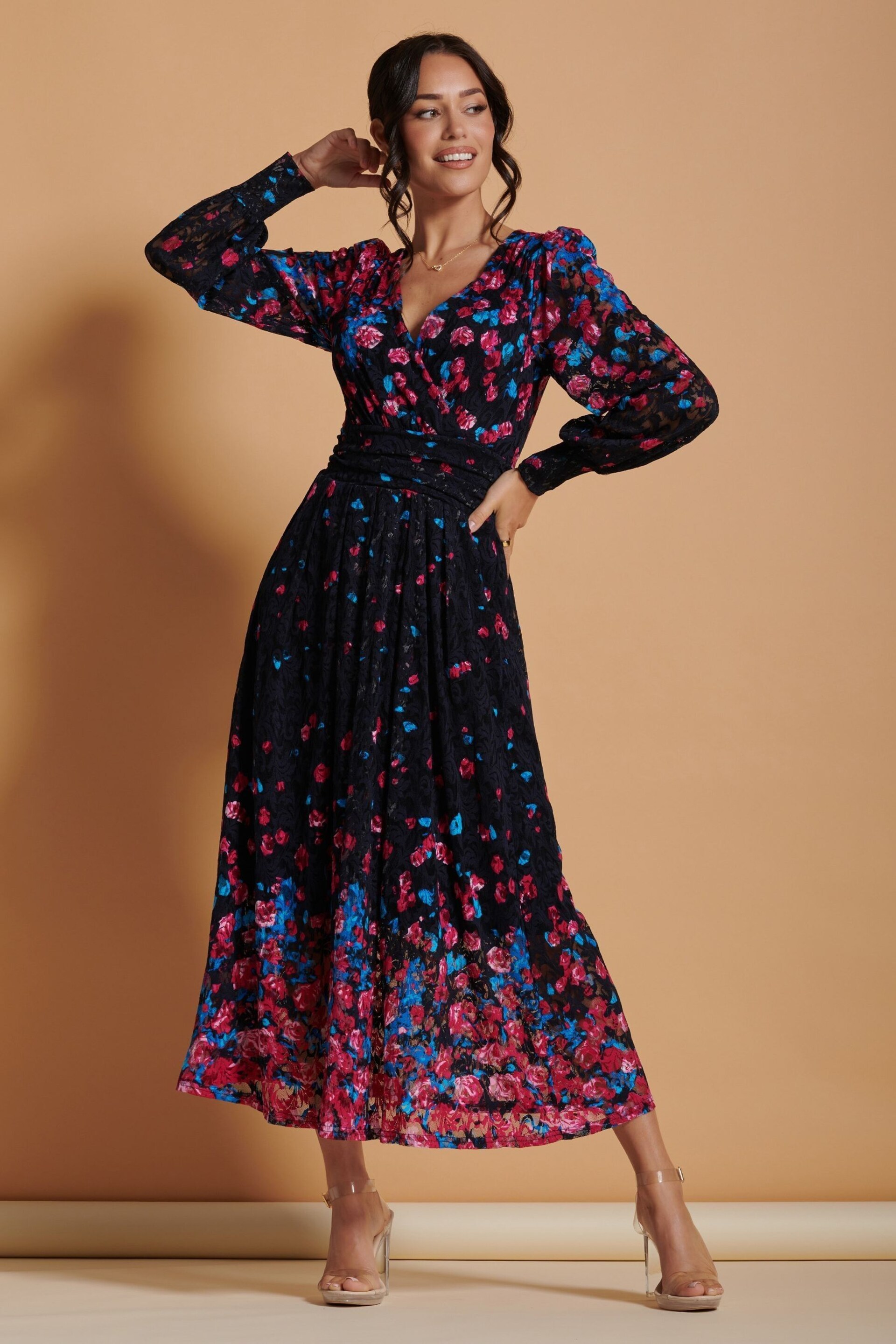 Jolie Moi Black & Pink Symmetrical Print Amica Lace Maxi Dress - Image 1 of 6