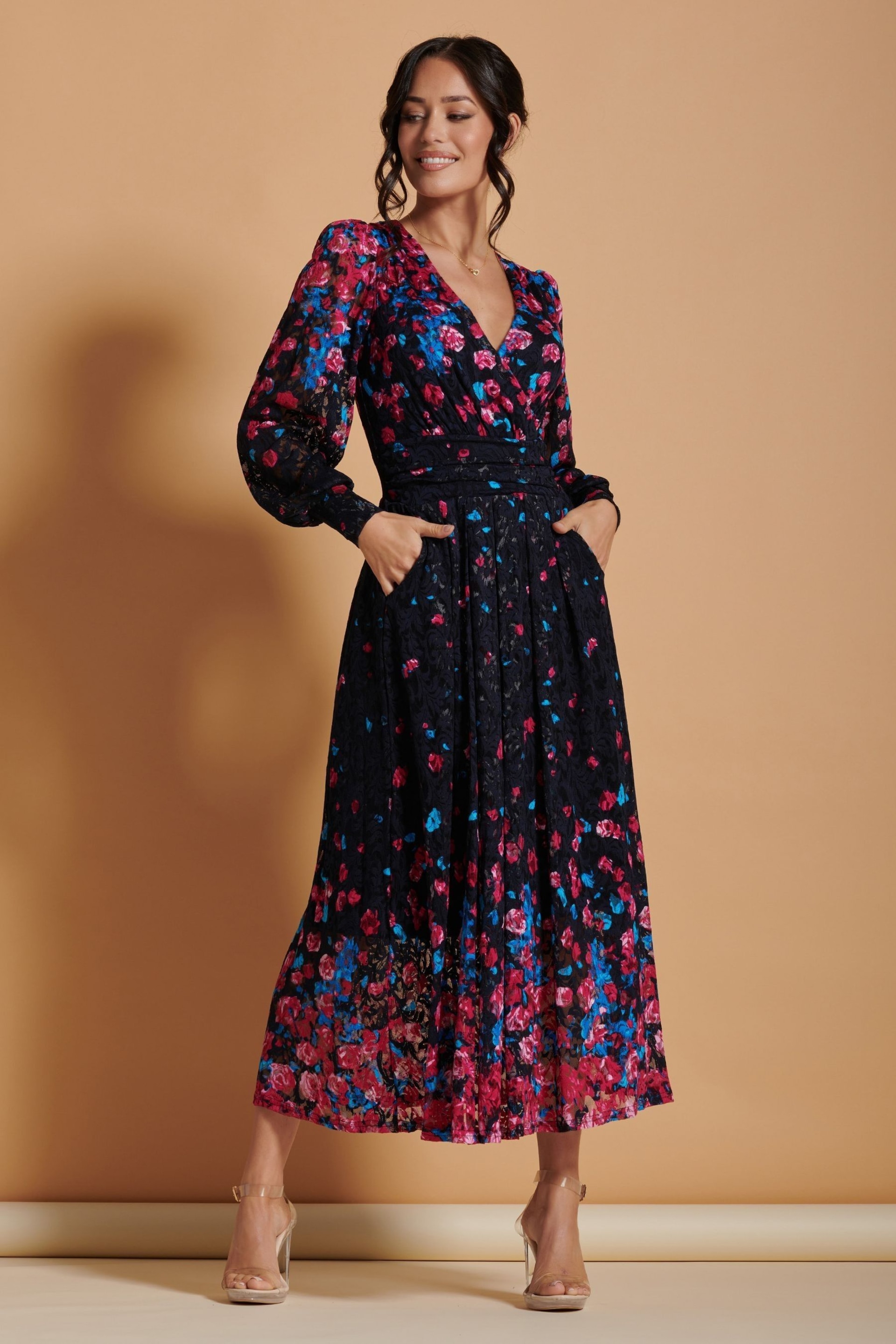 Jolie Moi Black & Pink Symmetrical Print Amica Lace Maxi Dress - Image 6 of 6