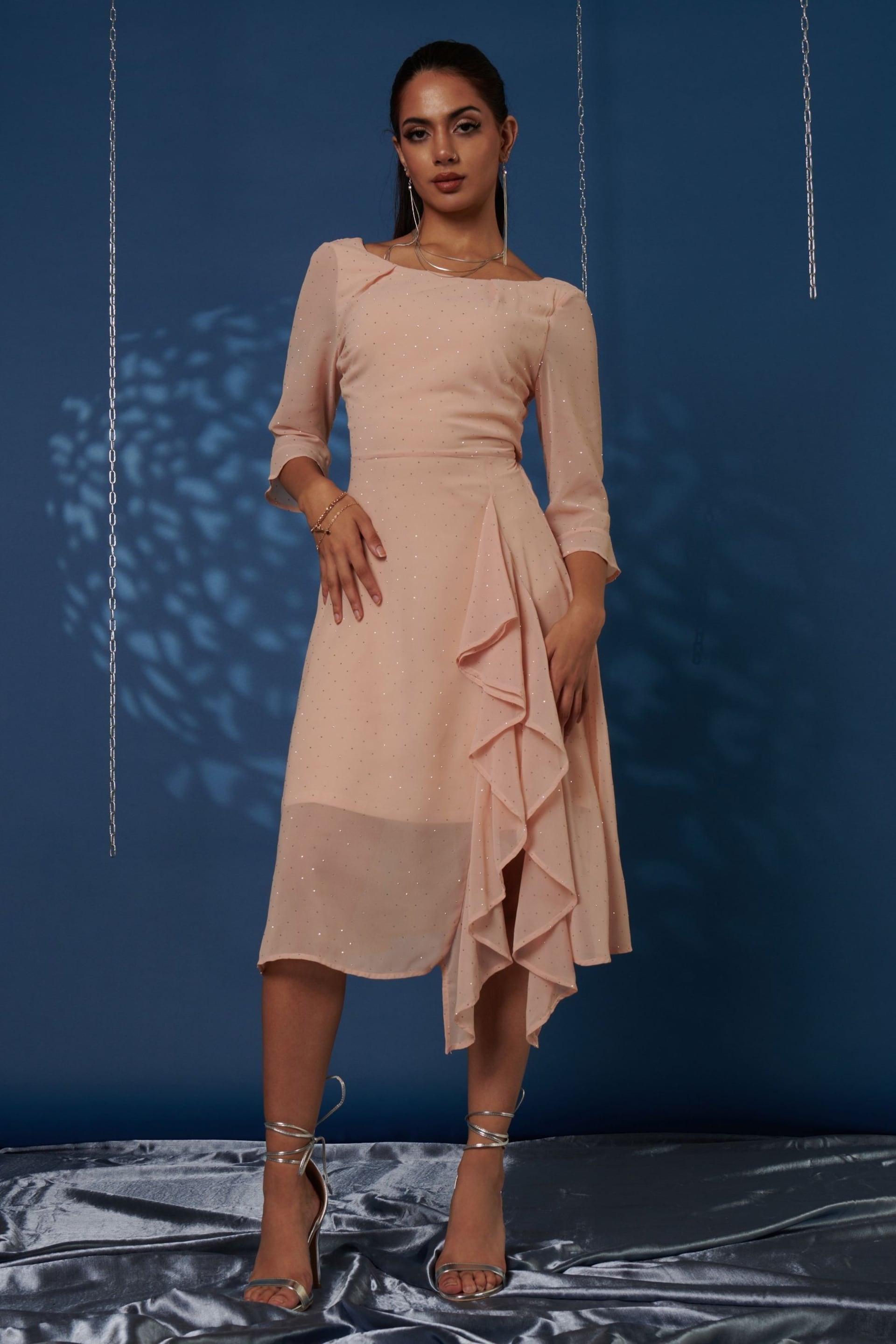 Jolie Moi Nude Diamanté Embellished Chiffon Midi Dress - Image 5 of 6