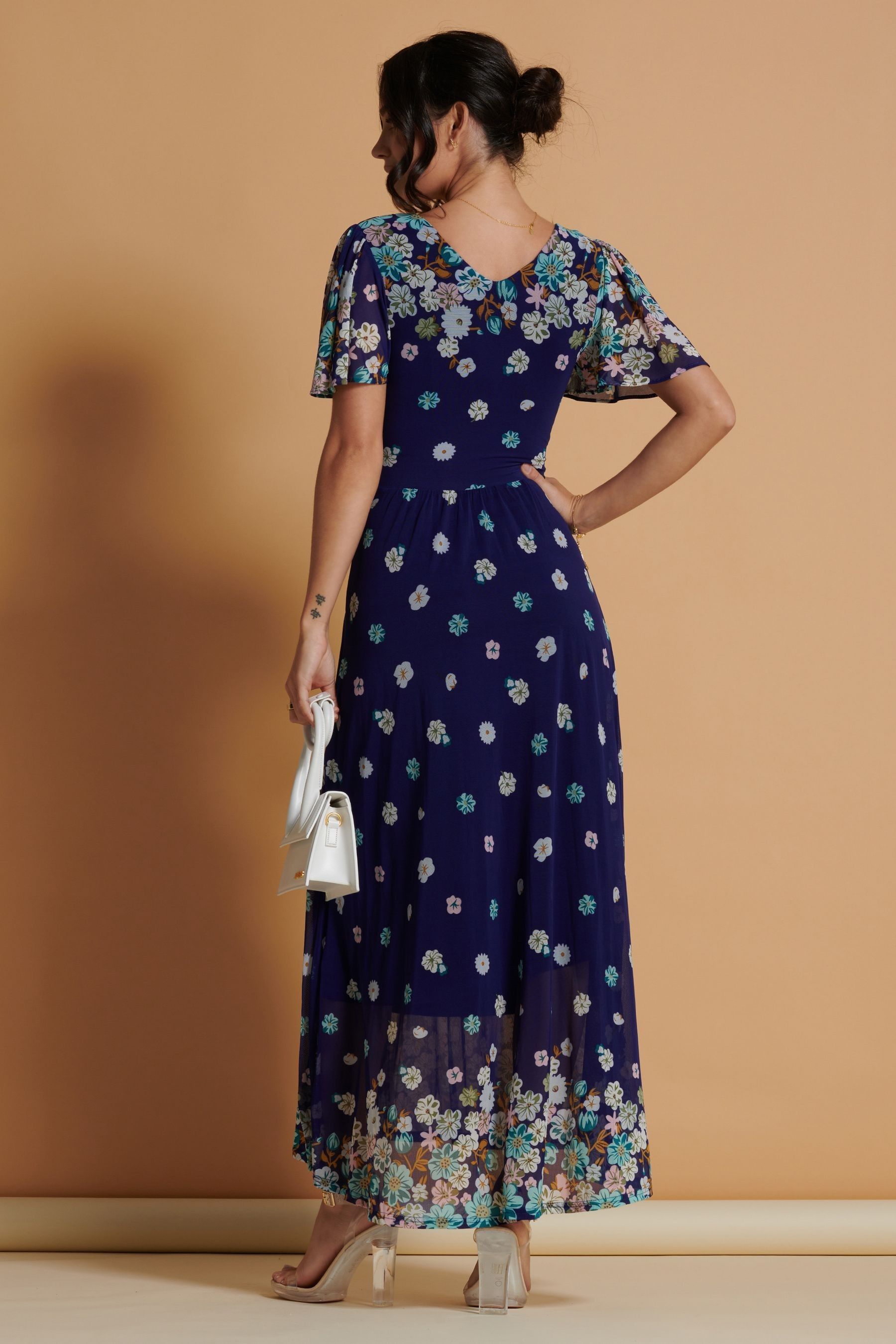 Buy Jolie Moi Blue Mirrored Angel Sleeve Mesh Maxi Dress from the Next UK online shop