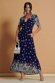 Jolie Moi Blue Mirrored Angel Sleeve Mesh Maxi Dress - Image 5 of 6
