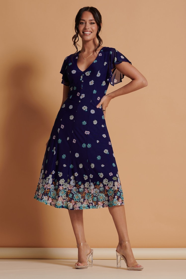 Jolie Moi Blue Mirrored Print Mesh Fit & Flare Midi Dress - Image 1 of 6