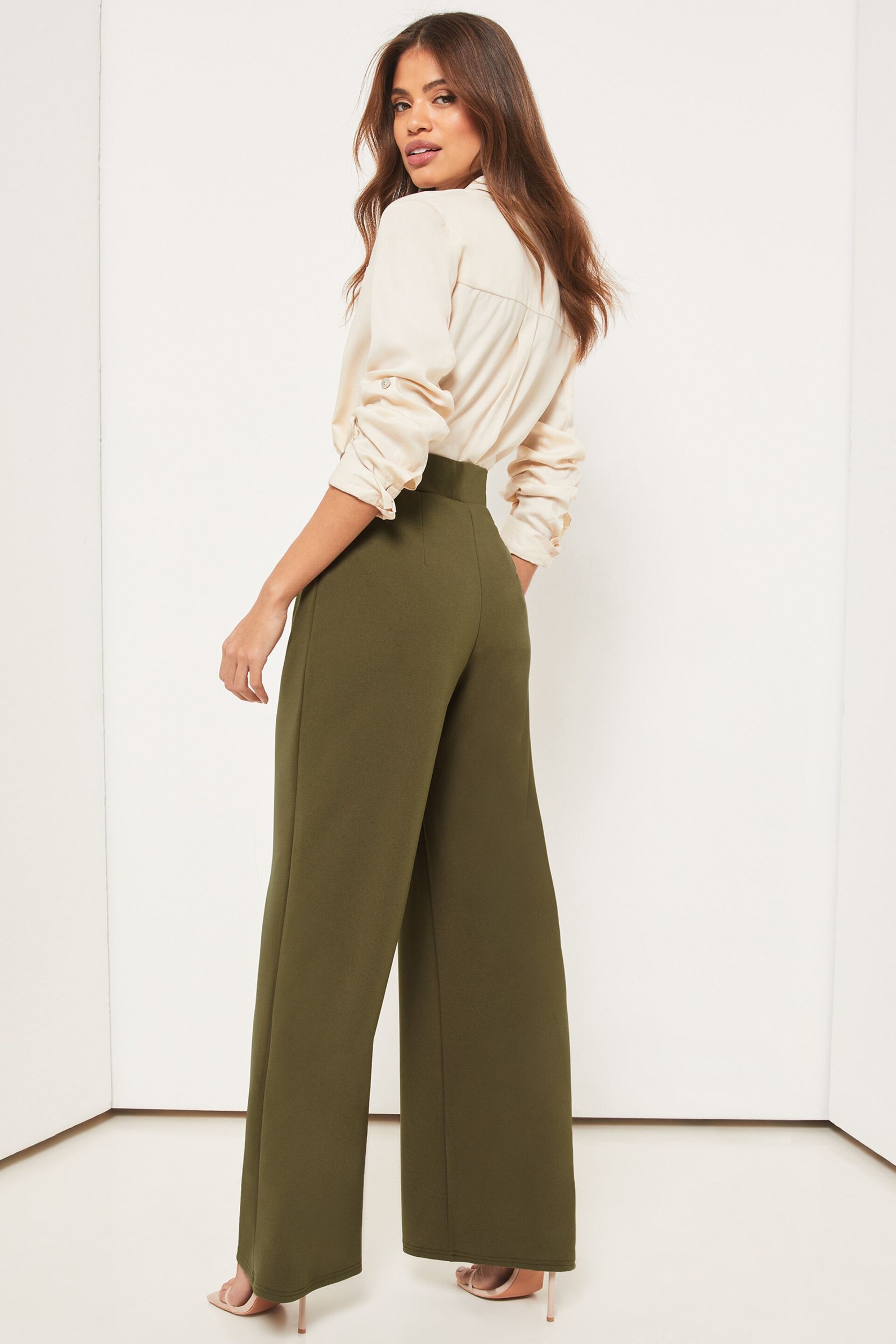 Lipsy Khaki Green Twill Petite High Waist Wide Leg Tailored Trousers - Image 2 of 4