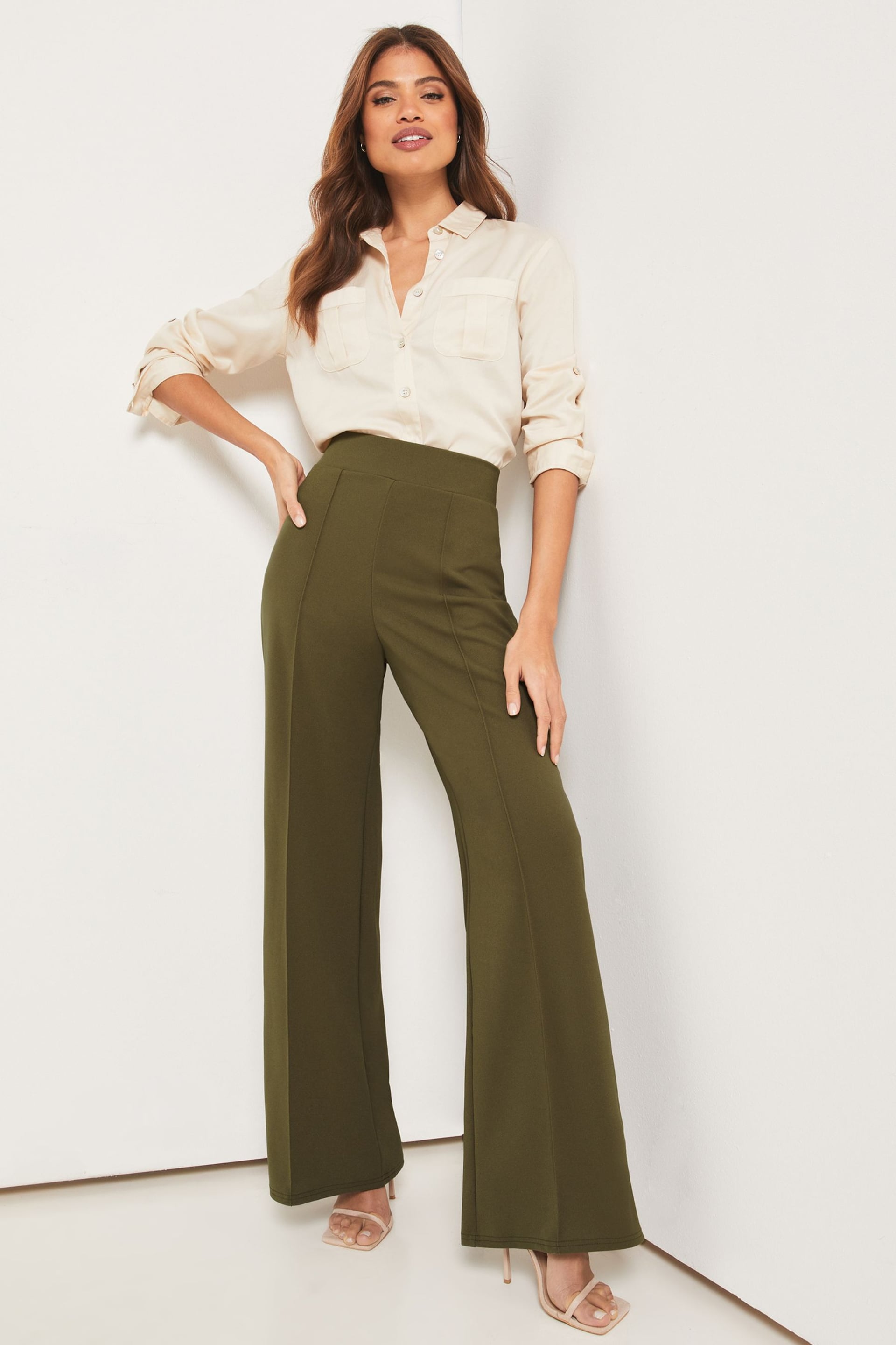Lipsy Khaki Green Twill Petite High Waist Wide Leg Tailored Trousers - Image 3 of 4