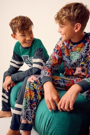 Blue/Green Varsity - 100% Cotton Long Sleeve Pyjamas 2 Pack (3-16yrs) - Image 4 of 11