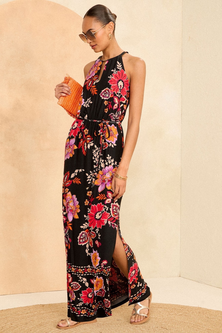 Love & Roses Black Floral Halter Neck Trim Detail Jersey Maxi Dress - Image 4 of 4