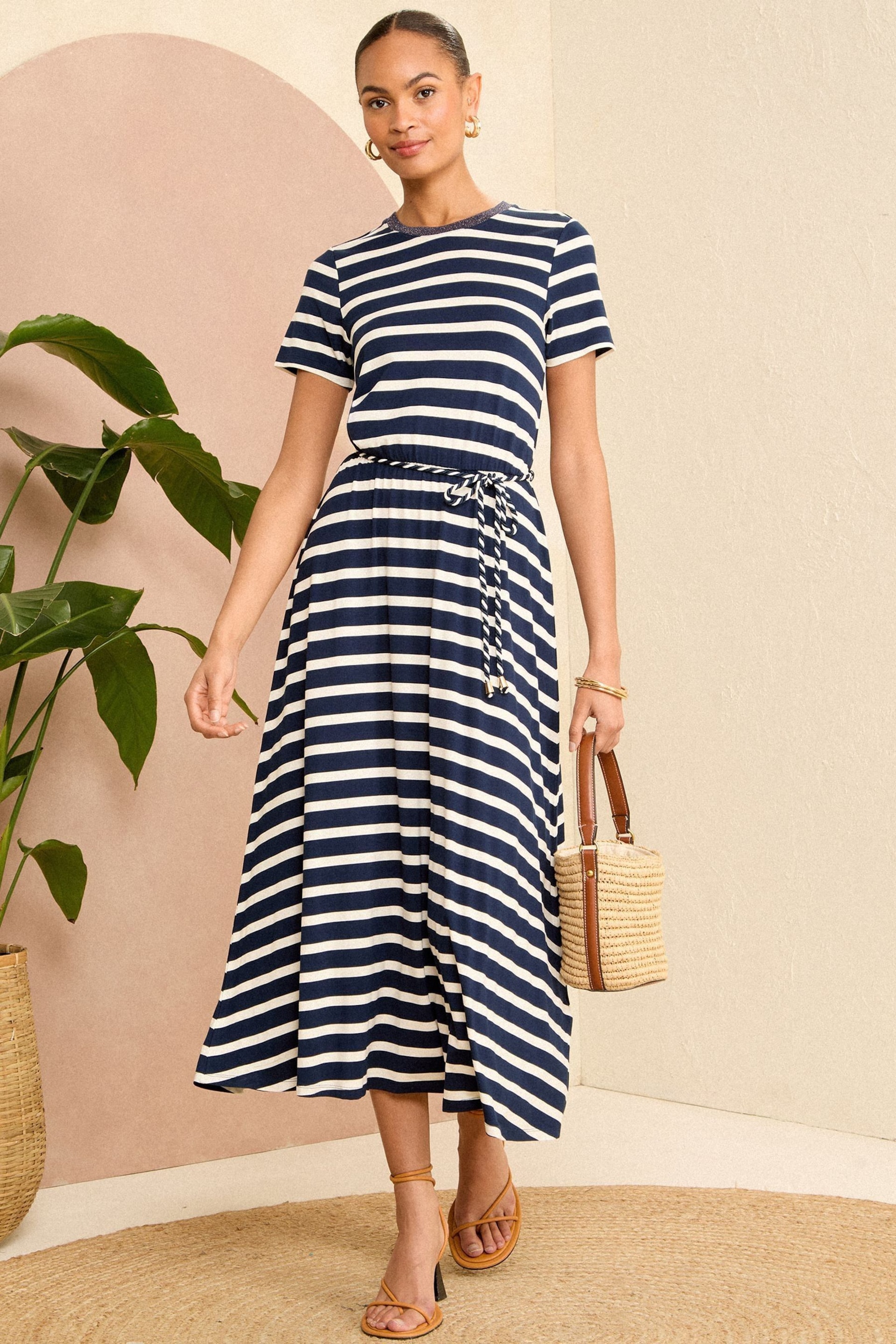 Love & Roses Navy Blue Belted Stripe Midi Jersey T-Shirt Dress - Image 1 of 4