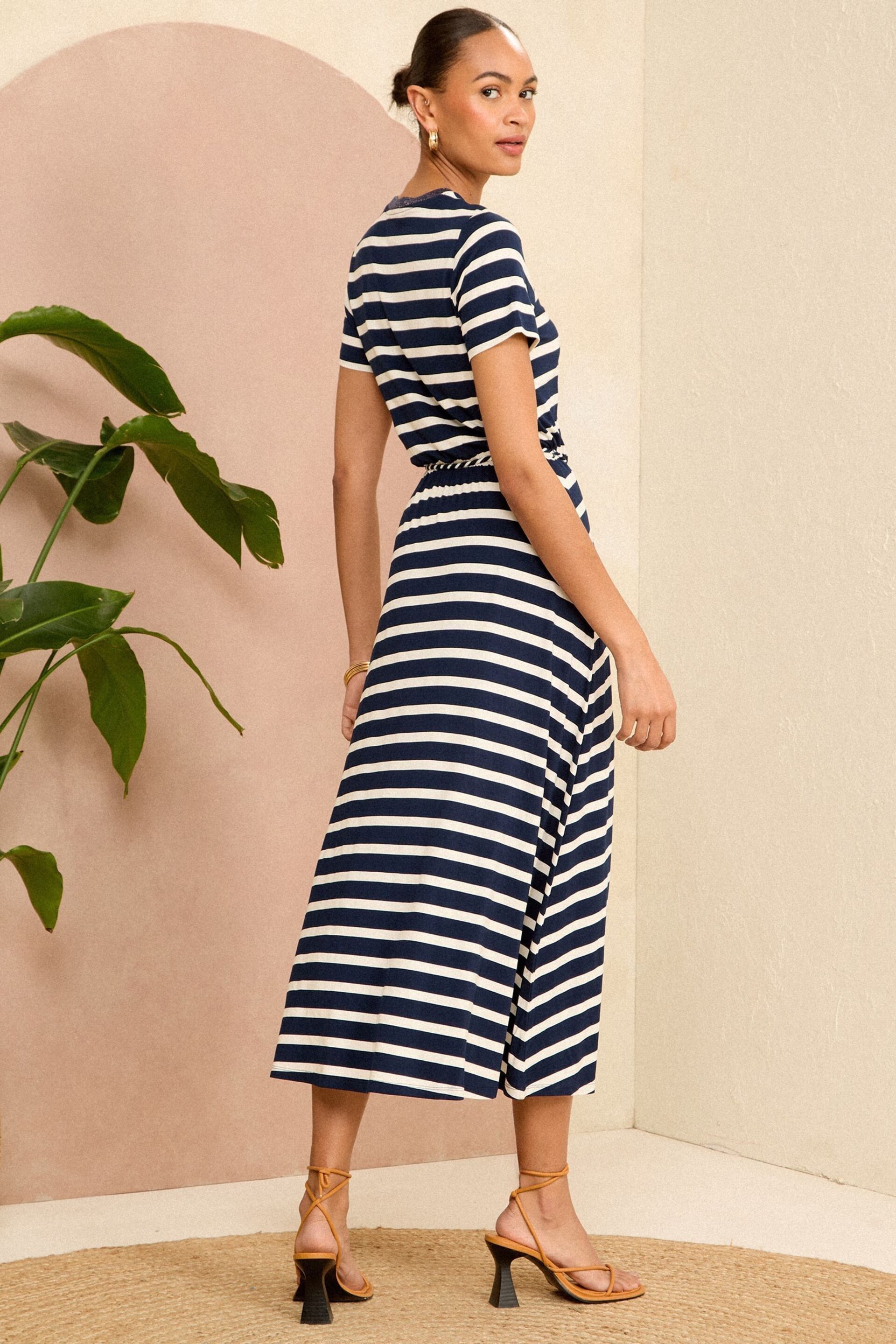Love & Roses Navy Blue Belted Stripe Midi Jersey T-Shirt Dress - Image 2 of 4