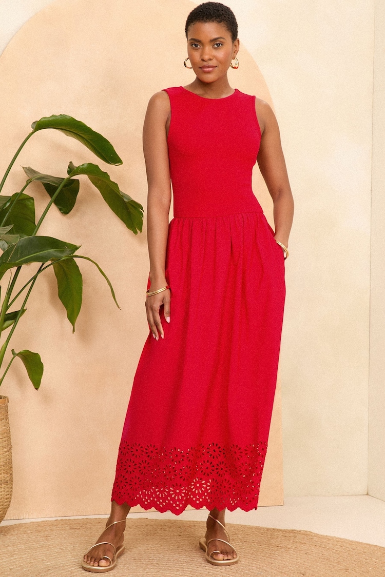 Love & Roses Red Jersey Cotton Mix Broderie Skirt Midi Dress - Image 1 of 4