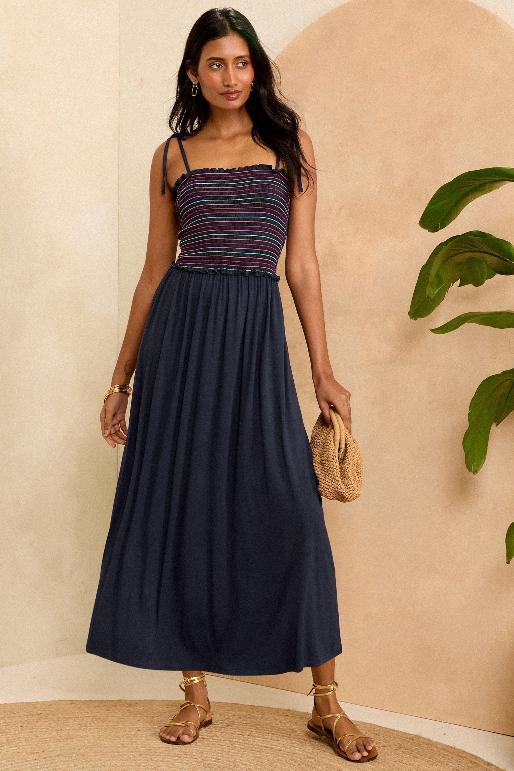 Buy Love Roses Navy Blue Rainbow Shirred Shirred Bandeau Split Maxi Jersey Dress from Next Luxembourg