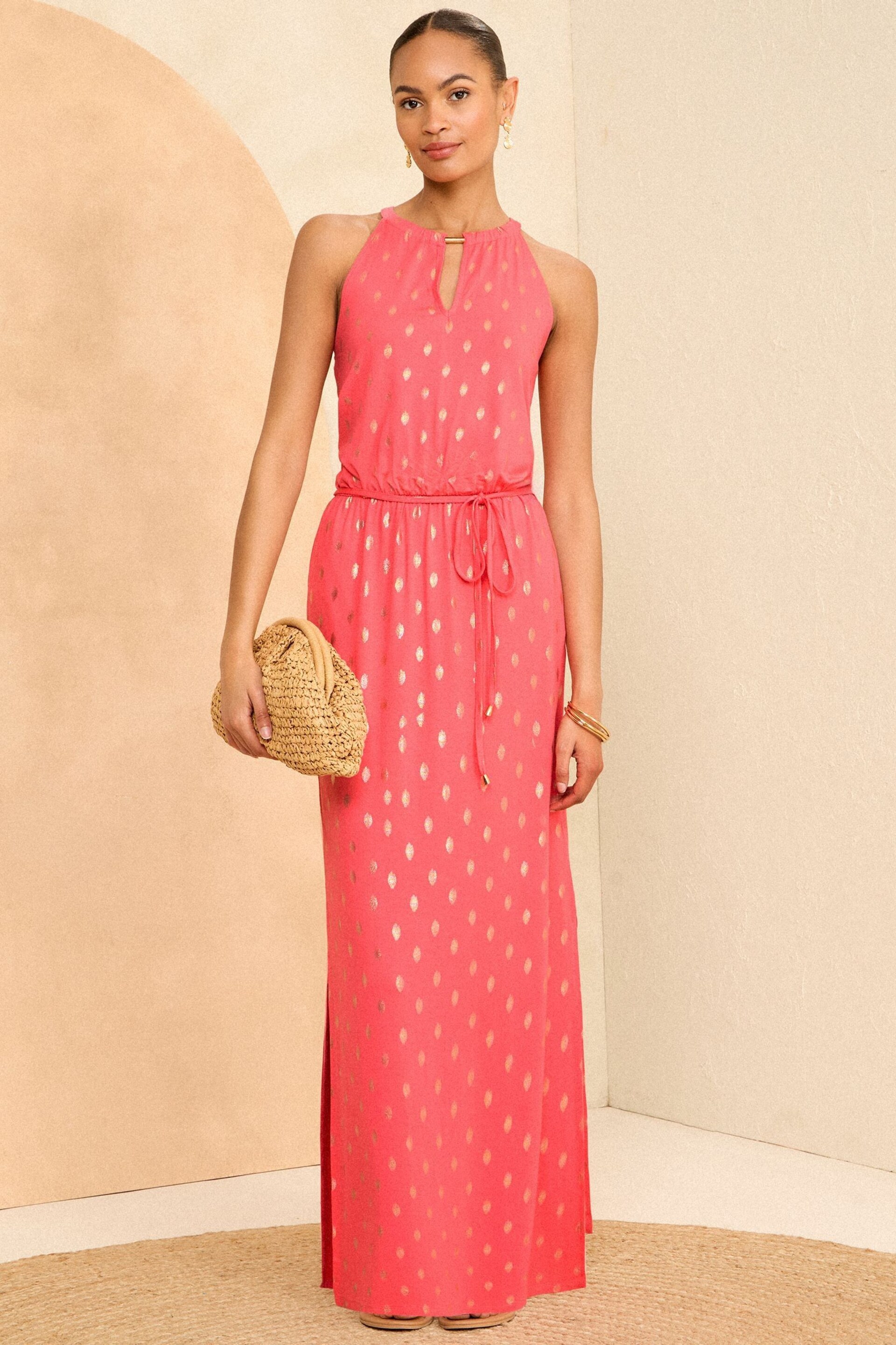 Love & Roses Pink Foil Halter Neck Trim Detail Jersey Maxi Dress - Image 1 of 4