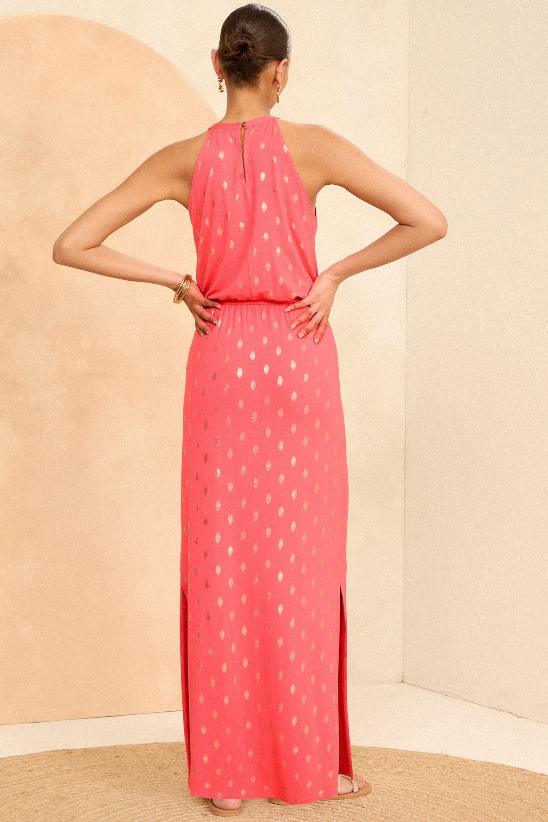 Love & Roses Pink Foil Halter Neck Trim Detail Jersey Maxi Dress - Image 3 of 4