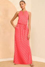 Love & Roses Pink Foil Halter Neck Trim Detail Jersey Maxi Dress - Image 4 of 4