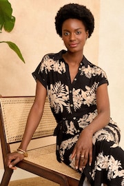 Love & Roses Black Tropical Jersey Midi Shirt Button Through Dress - Image 4 of 4