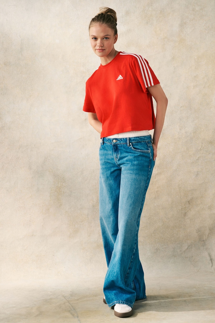 adidas Red 100% Cotton Sportswear Essentials 3-Stripes Single Jersey Crop T-Shirt - Image 2 of 5