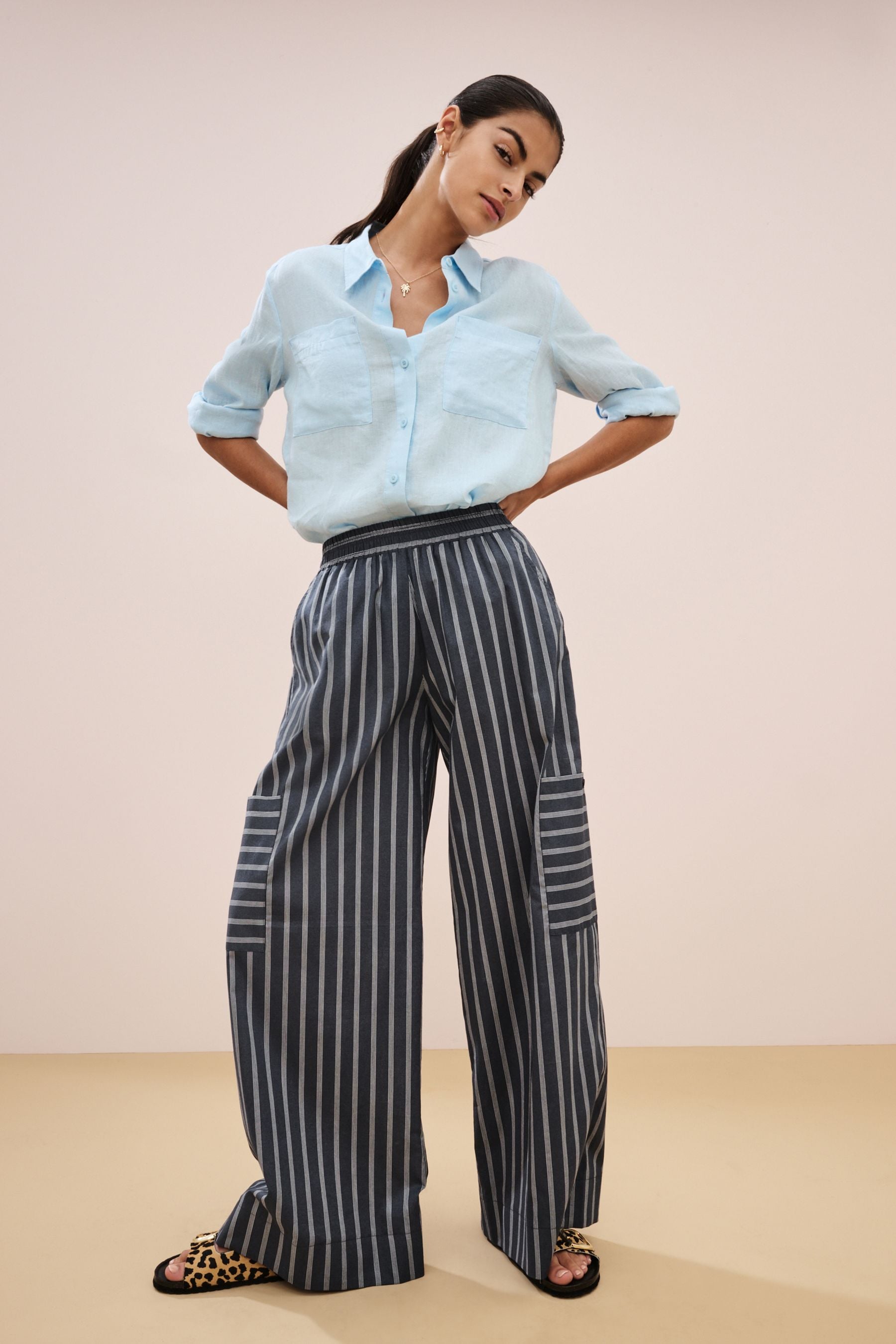 Buy Navy Striped Super Wide 100 Cotton Trousers from the Next UK online shop