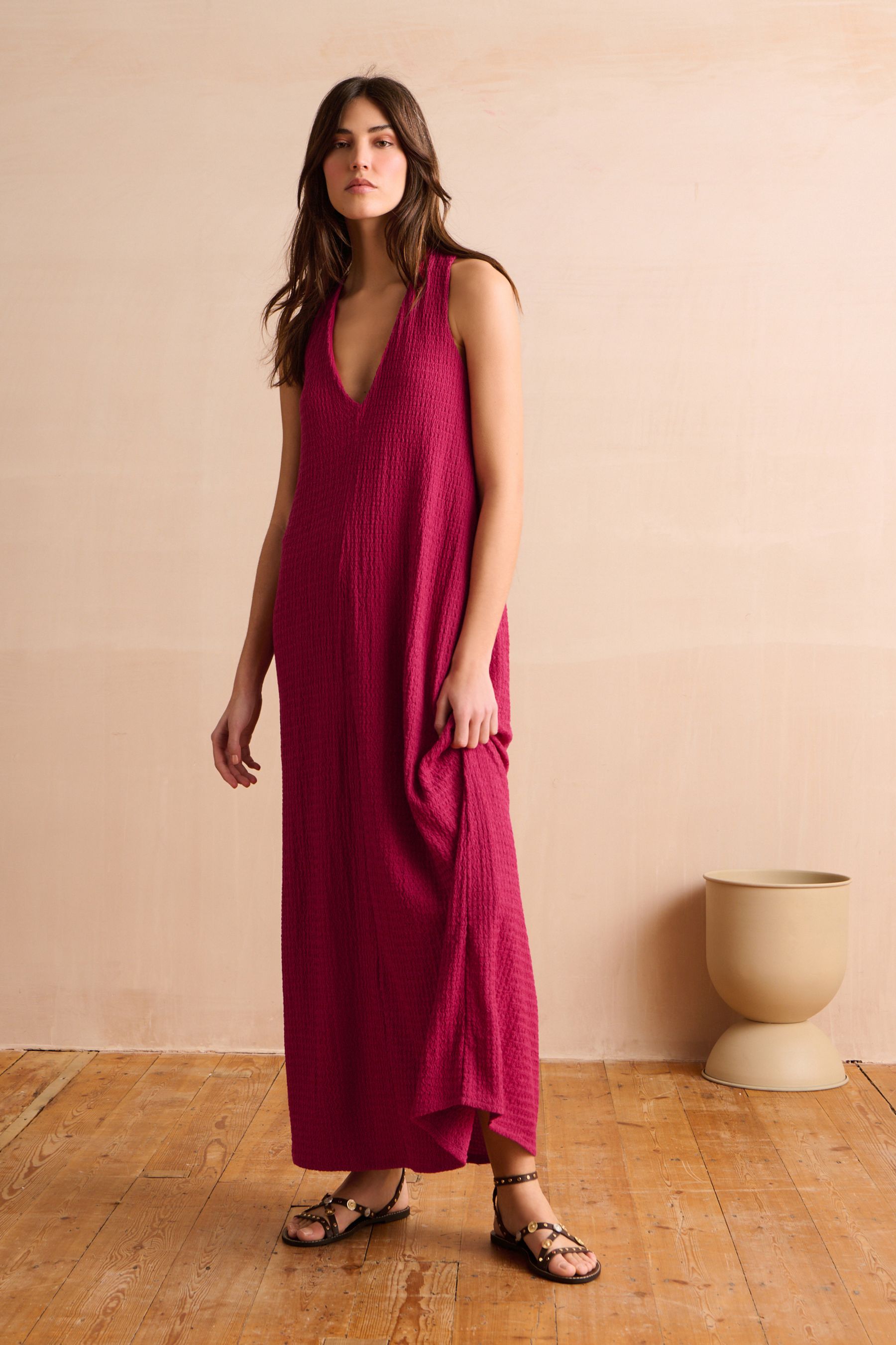Buy Red V Neck Textured Maxi Summer Jersey Dress from Next Luxembourg