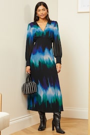 Love & Roses Blue Smudge Chiffon Long Sleeve Midi Dress - Image 1 of 4