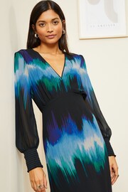 Love & Roses Blue Smudge Chiffon Long Sleeve Midi Dress - Image 2 of 4