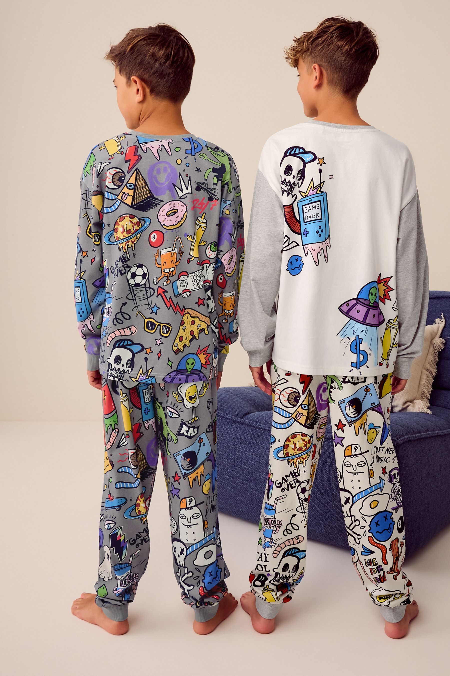 Buy Grey White Doodle Character 100 Cotton Long Sleeve Pyjamas 2 Pack 3 16yrs from the Next UK online shop