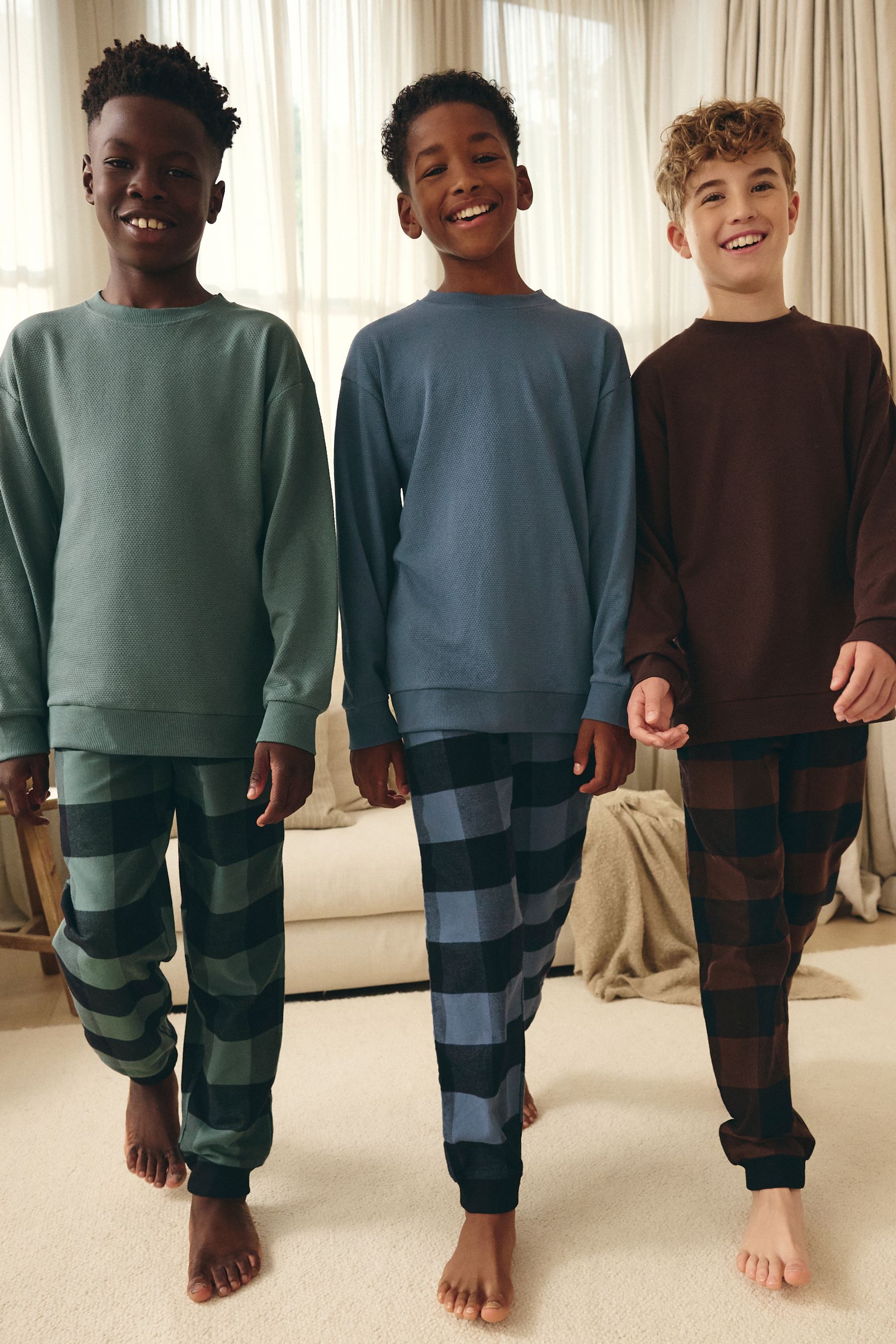 Buy Blue Green Brown 3 Pack Woven Check 100 Cotton Pyjamas 3 16yrs from the Next UK online shop
