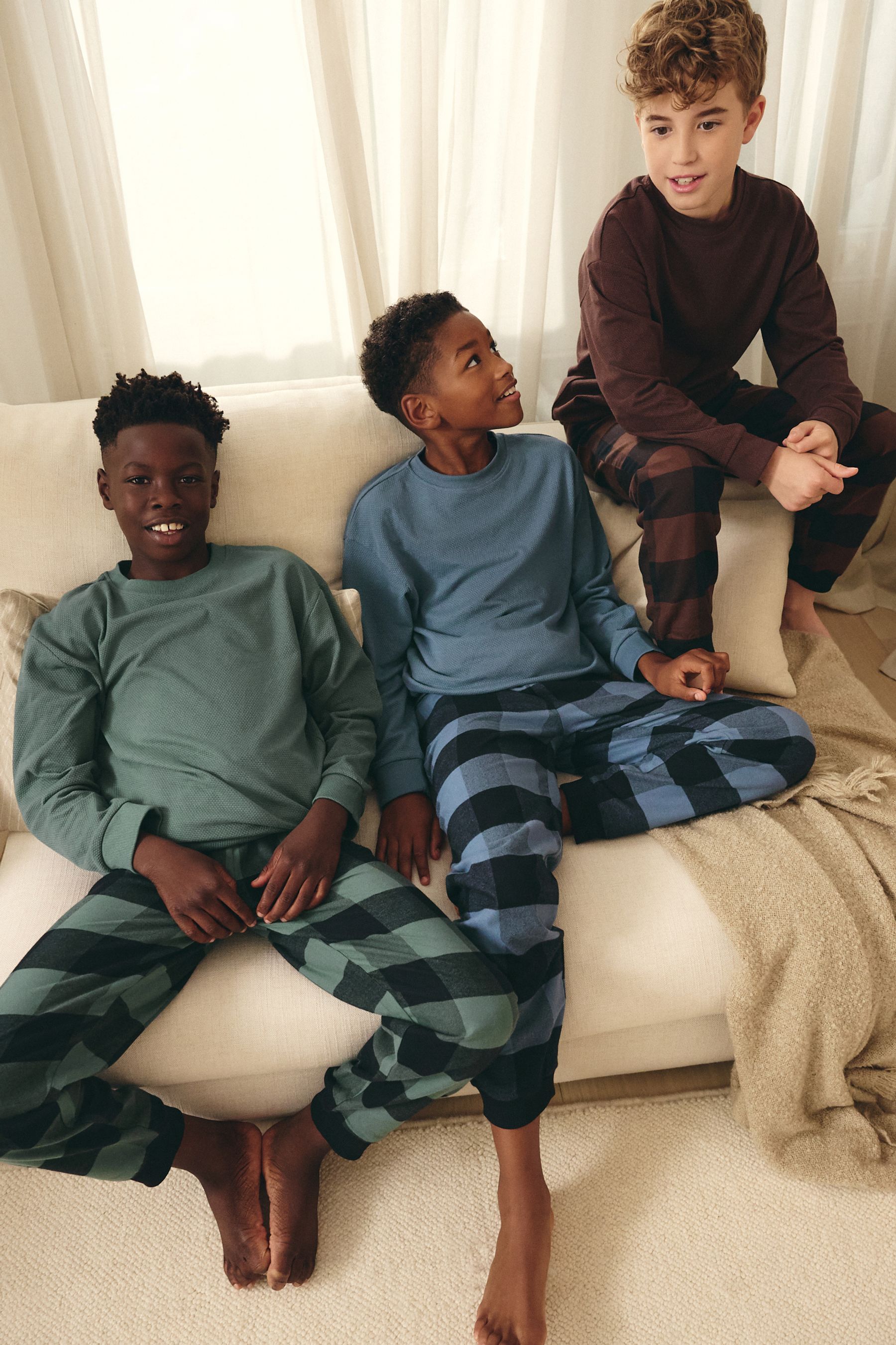 Buy Blue Green Brown Woven Check 100 Cotton Pyjamas 3 Pack 3 16yrs from Next Luxembourg