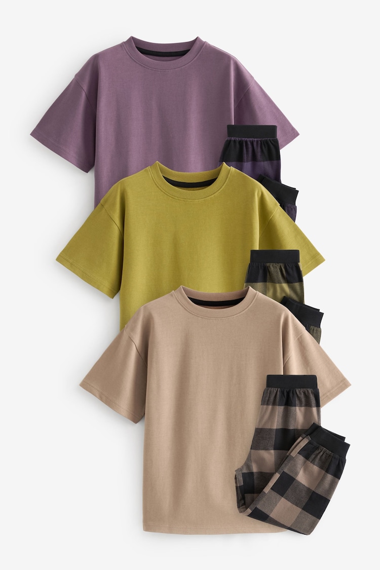 Purple/Neutral/Citrine Yellow Short Sleeve Woven Bottom Pyjamas 3 Pack (3-16yrs) - Image 1 of 6