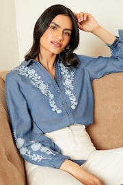 Love & Roses Blue TENCEL™ Embroidered Button Through V Neck Tie Cuff Shirt - Image 1 of 4
