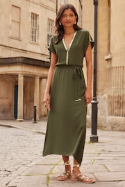 Love & Roses Khaki Green Petite Sequin Trim Hanky Hem Shortsss Sleeve Midi Dress - Image 1 of 4