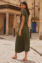 Love & Roses Khaki Green Petite Sequin Trim Hanky Hem Shortsss Sleeve Midi Dress - Image 3 of 4