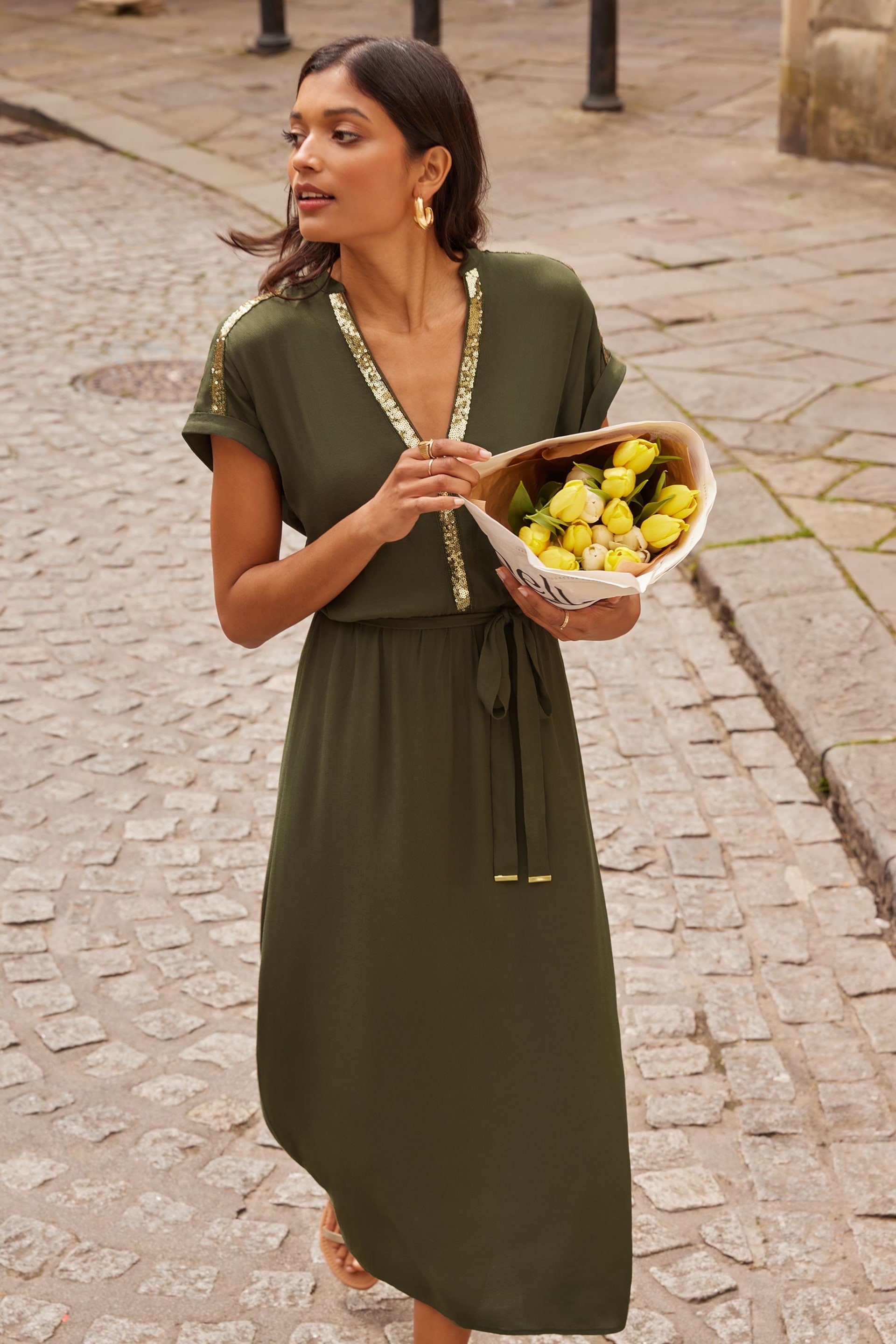 Love & Roses Khaki Green Petite Sequin Trim Hanky Hem Shortsss Sleeve Midi Dress - Image 4 of 4