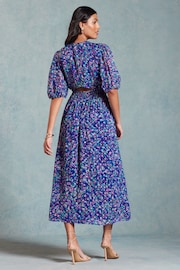 Love & Roses Blue Floral Printed Metallic Puff Sleeve Midi Dress - Image 3 of 4